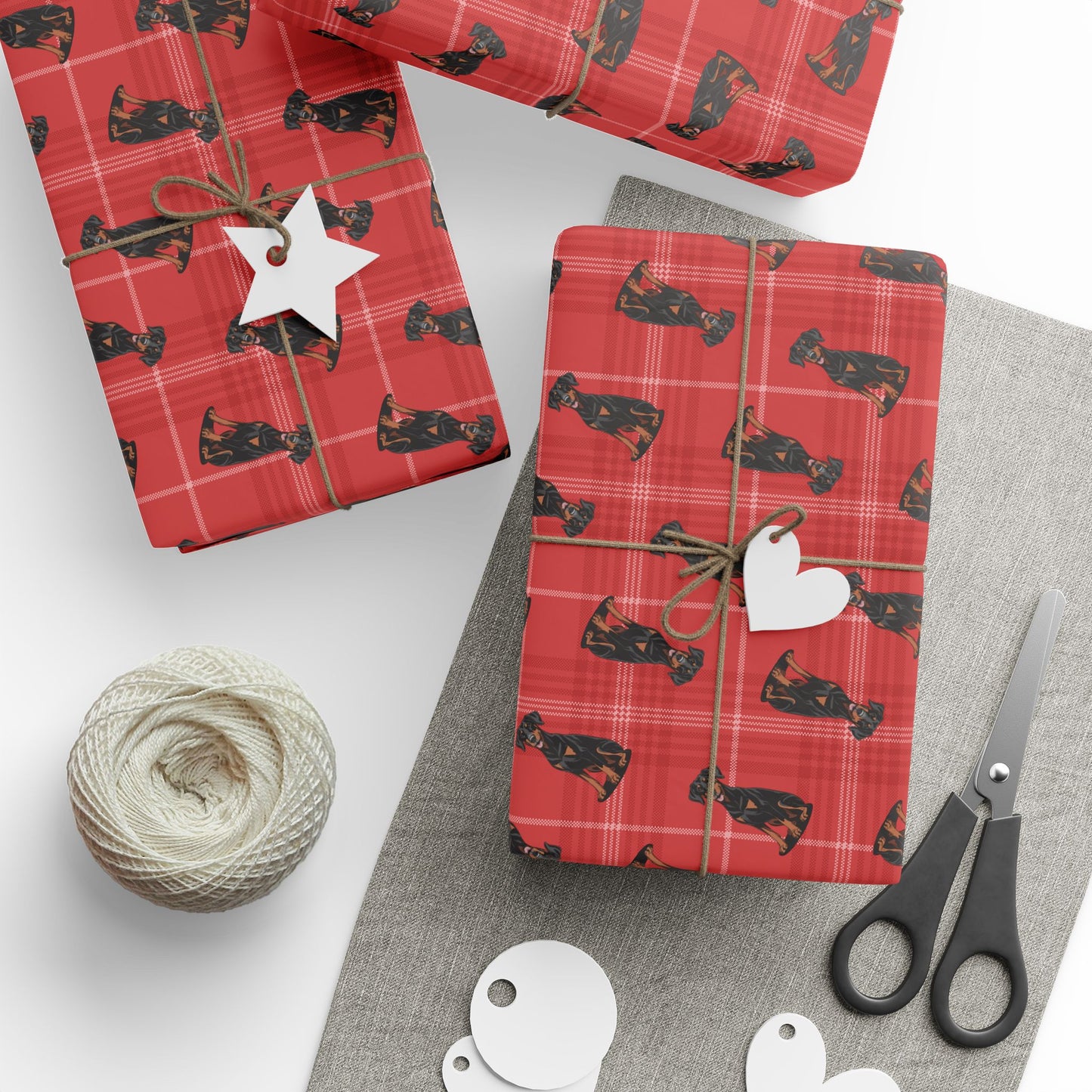 Doberman Pinscher Dog Pattern Wrapping Paper, Red Plaid Holiday Gift Wrap Roll, Birthday Anniversary Xmas Gifts, Matte Finish
