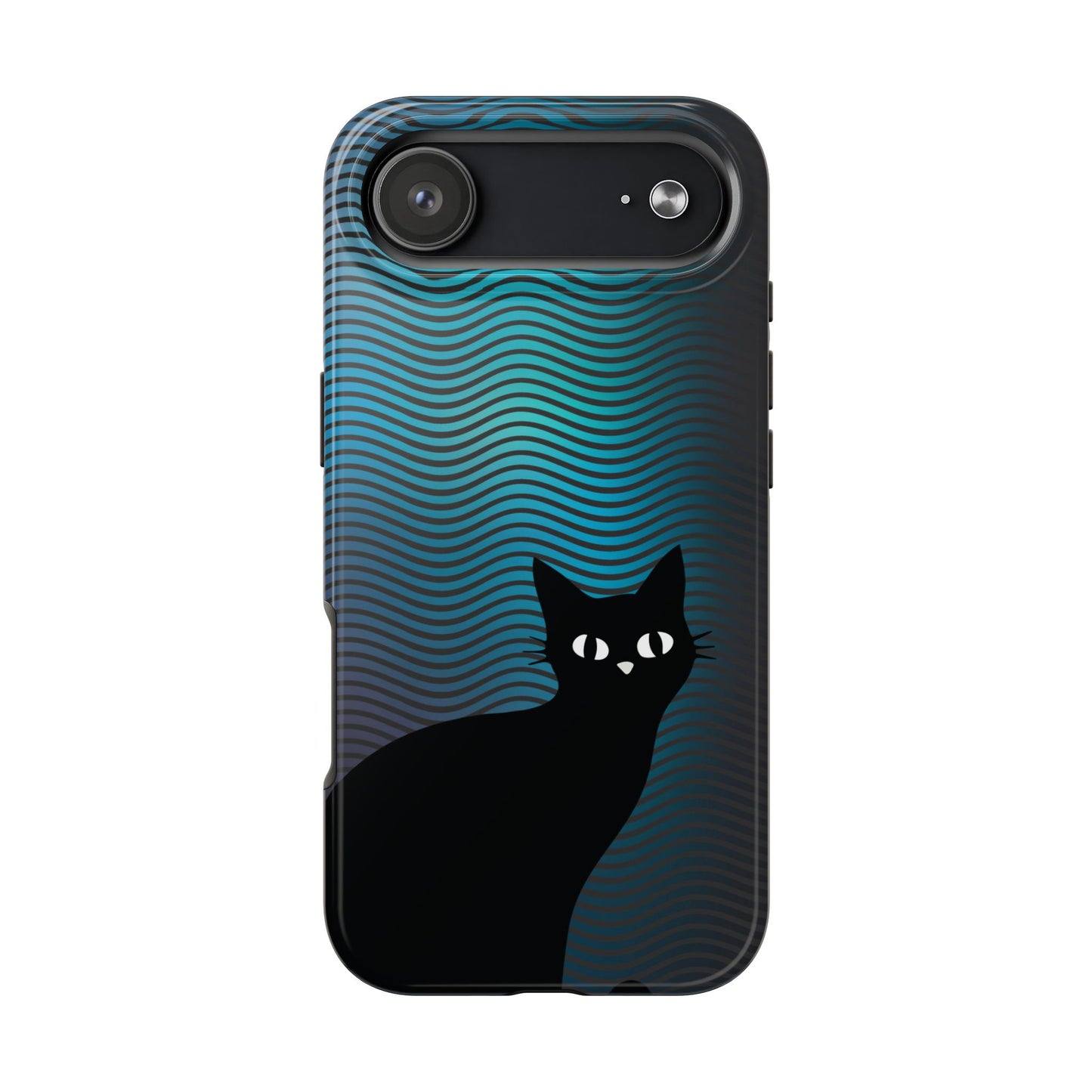 Black Cat Cell Phone Case | Peeking Kitty Graphic on Wavy Teal Background