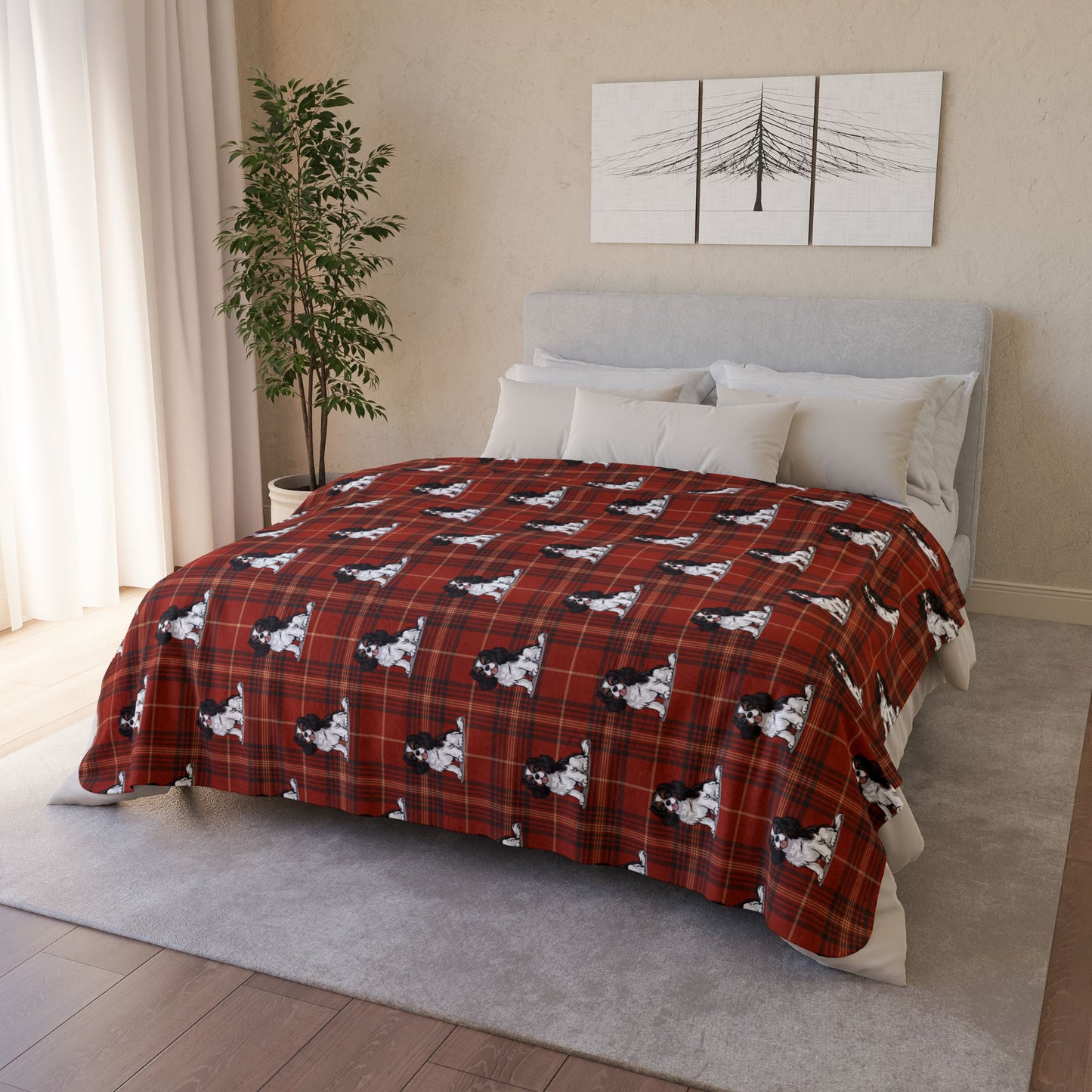 Tricolor Cavalier King Charles Spaniel Red Plaid Fleece Sherpa Blanket, Dogs Pattern Throw Blankets Bedding