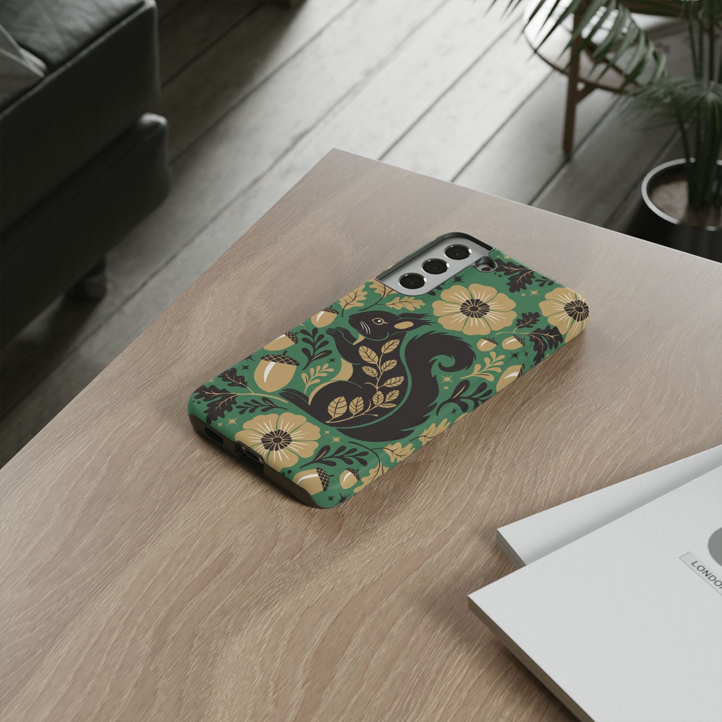 Green Squirrel Floral Pattern Cell Phone Case | Botanical Folk Art Acorn Leaves Design, Iphone Google Pixel Samsung Cases Matte Finish