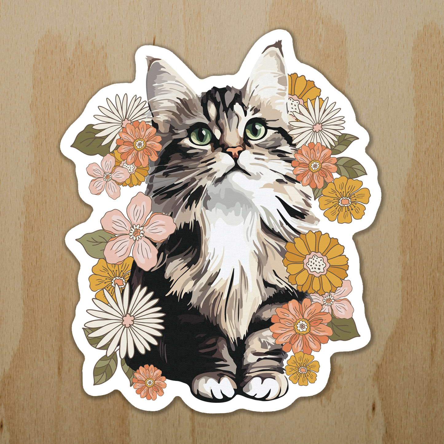 4" Fluffy Kitty In Flowers Sticker - Waterproof, Fade-Resistant Decal Stickers Floral Cat Design