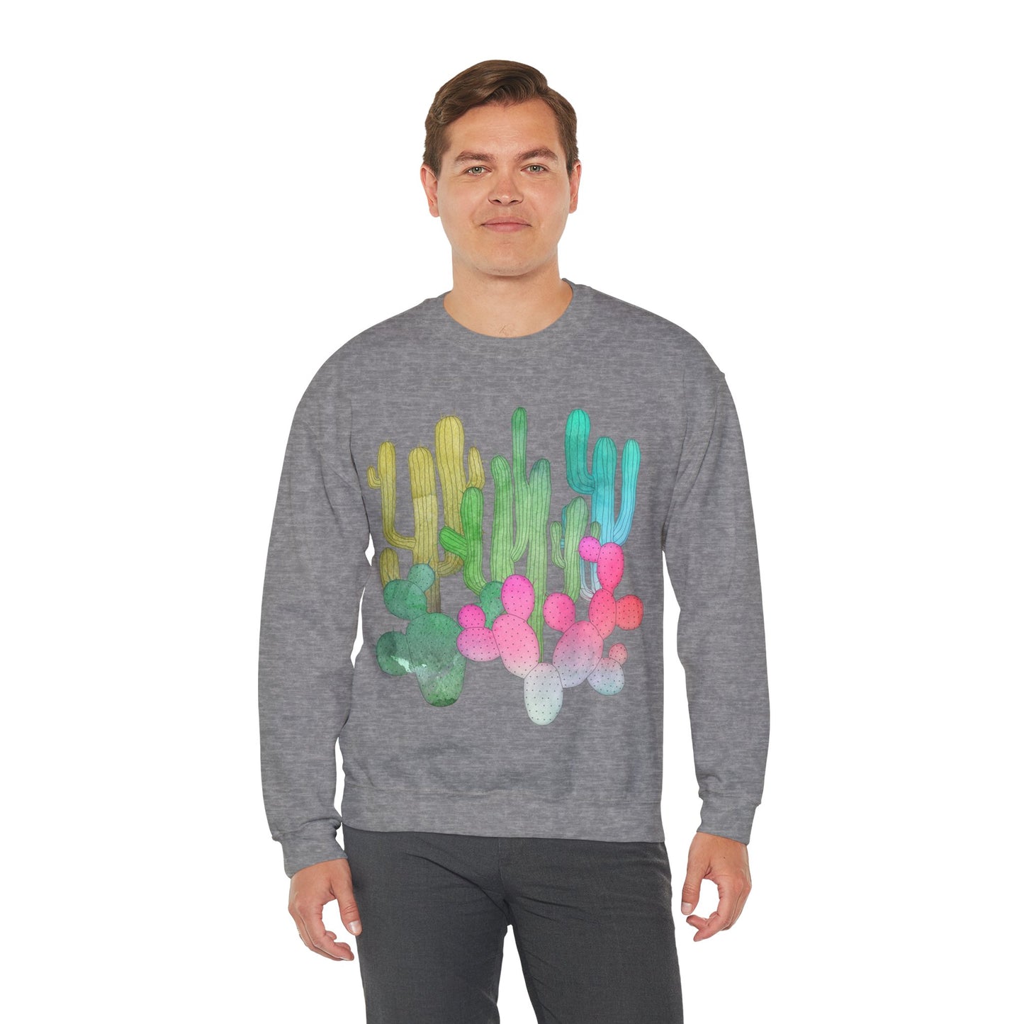 Cactus Garden Arizona Desert Crewneck Pullover Sweatshirt Colorful Saguaro Cactus Print