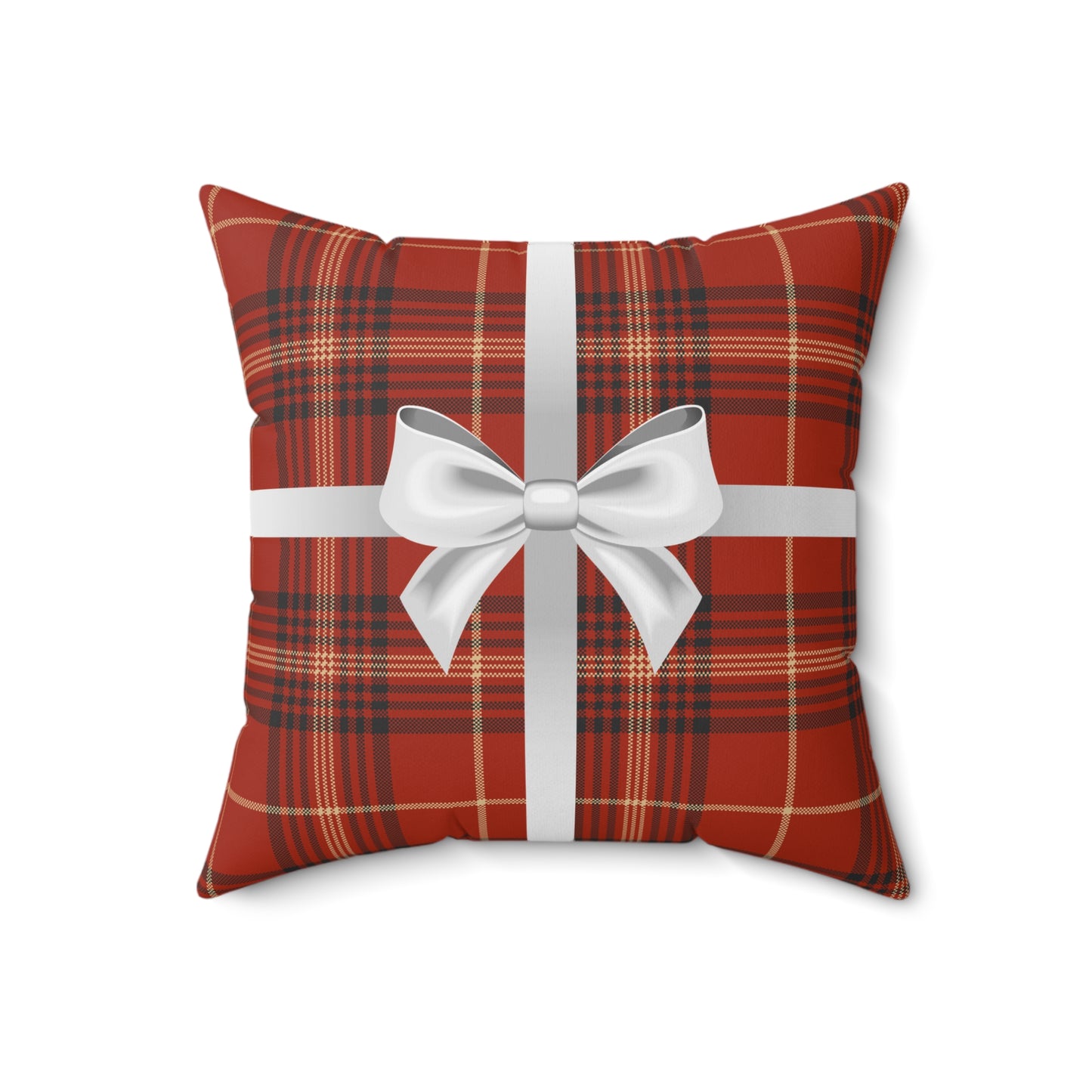 Holiday Gift Throw Pillow, White Bow on Red Plaid Wrapped Present Pillows, Christmas Home Decor Xmas Decorations
