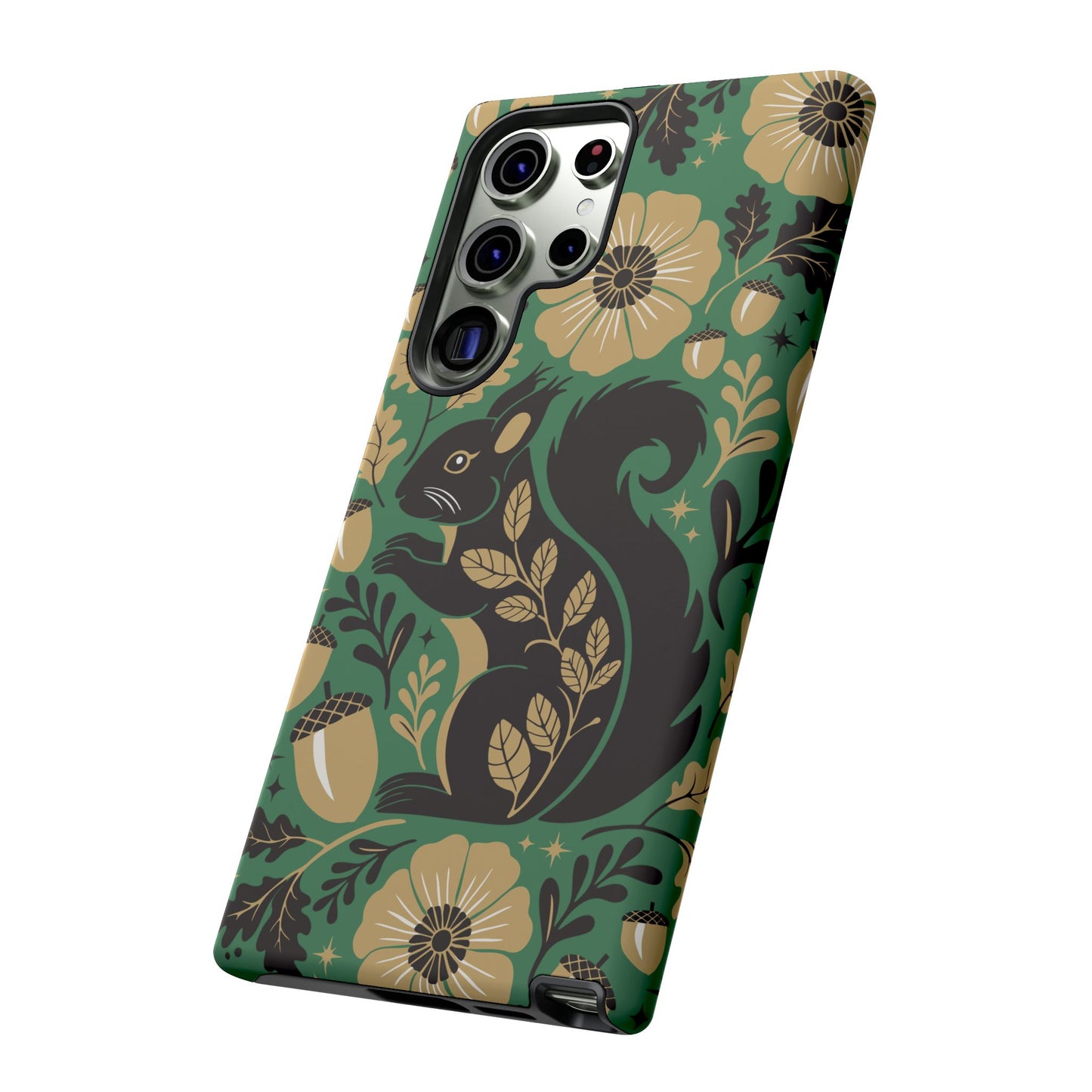 Green Squirrel Floral Pattern Cell Phone Case | Botanical Folk Art Acorn Leaves Design, Iphone Google Pixel Samsung Cases Matte Finish