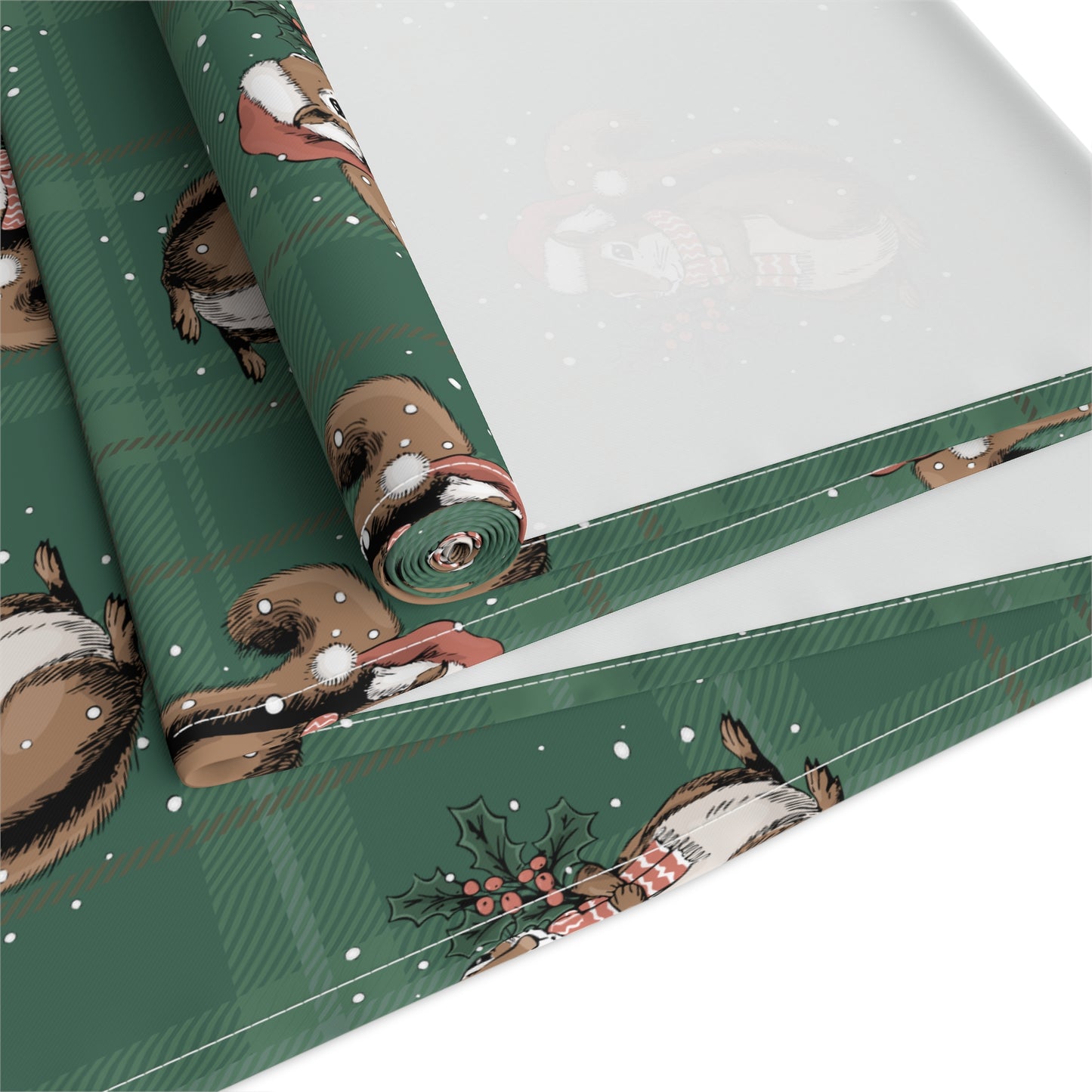 Festive Santa Squirrels Holiday Table Runner, Christmas Home Decor, Dining Tablecloth Linens, Green Plaid Squirrel Table Setting Runners