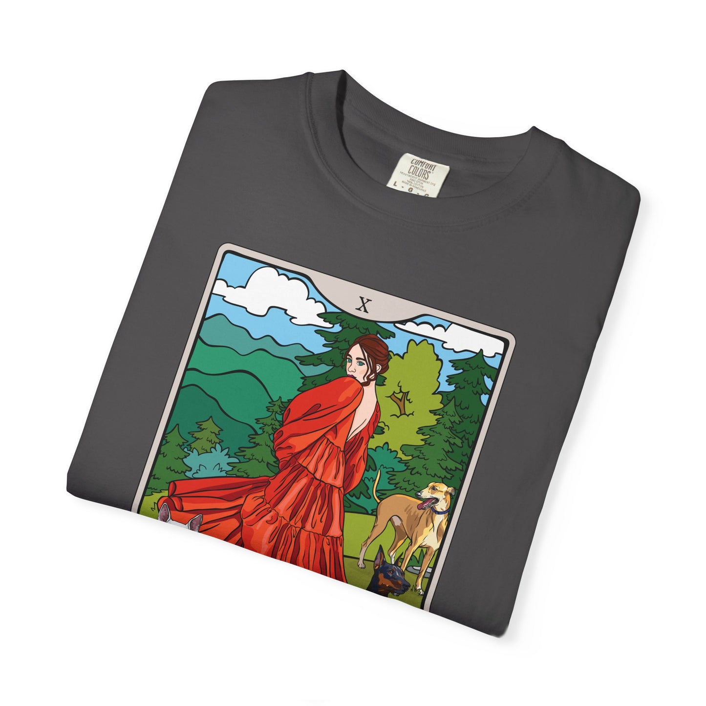 Childless Dog Lady Tarot Card Cotton T-shirt Child-Free Dog Mom Tee with Woman and Dogs Design Garment Dyed Tee