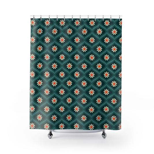 Groovy Flowers Teal and Orange Retro Pattern Shower Curtain - Vintage 70's Floral Design Bathroom Decor Shower Curtains