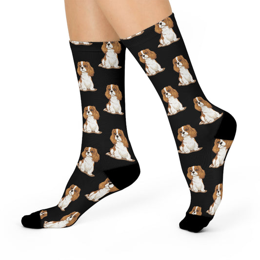 Blenheim Cavalier King Charles Spaniel Dog Pattern Black Cushioned Crew Socks with Pet Dogs Cavalier Puppy Print