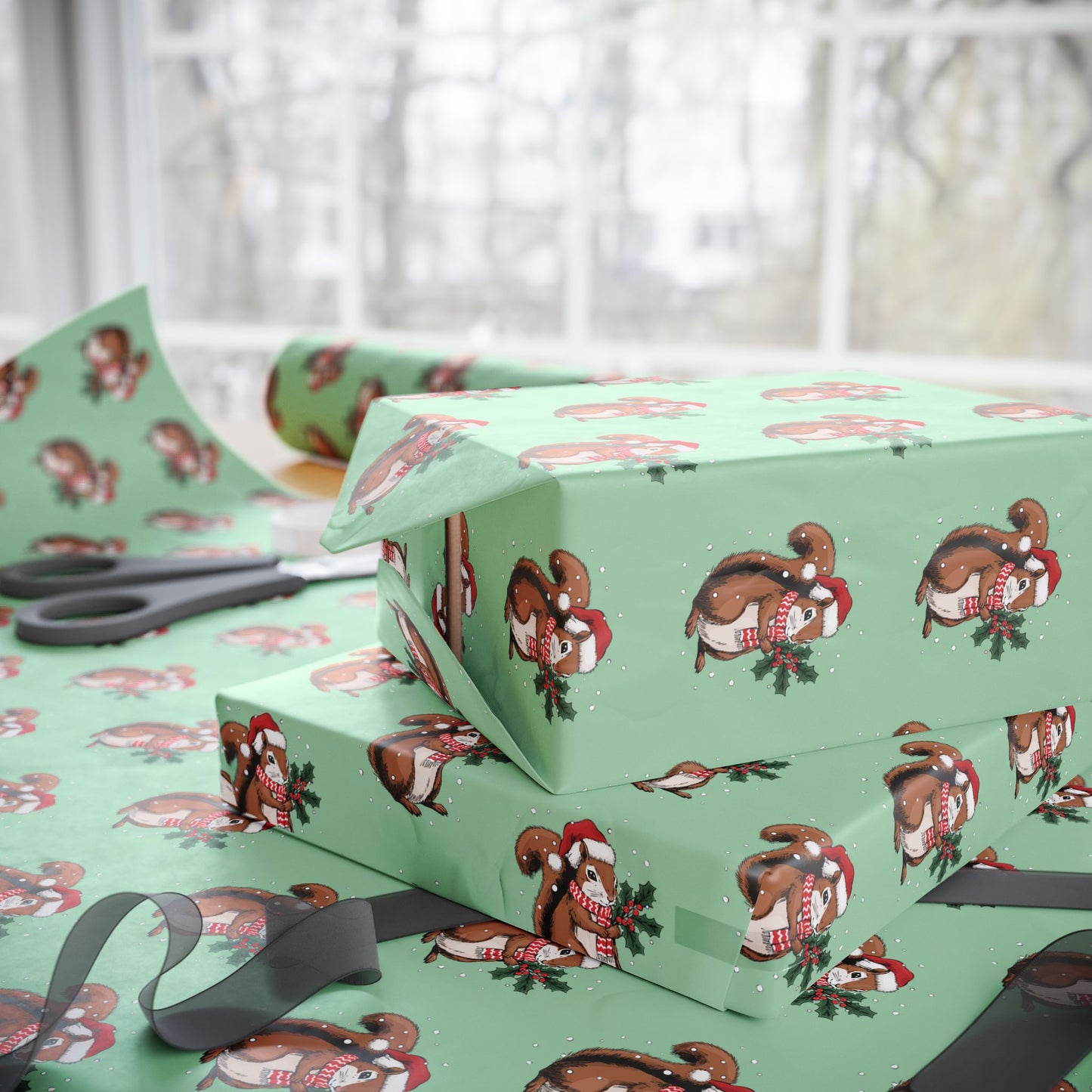 Squirrel Christmas Wrapping Paper, Festive Squirrels Print, Cheery Sage Green Holiday Gift Wrap With Snowy Xmas Squirrel In Santa Hat