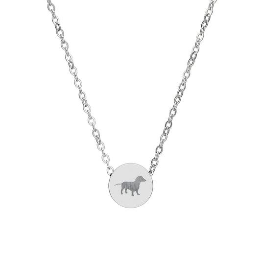 Dachshund Mini Engraved Circle Chain Necklace — Small Pendant Wiener Dog Silhouette Engraving, Stainless Steel, Pet Owner Memorial Gifts