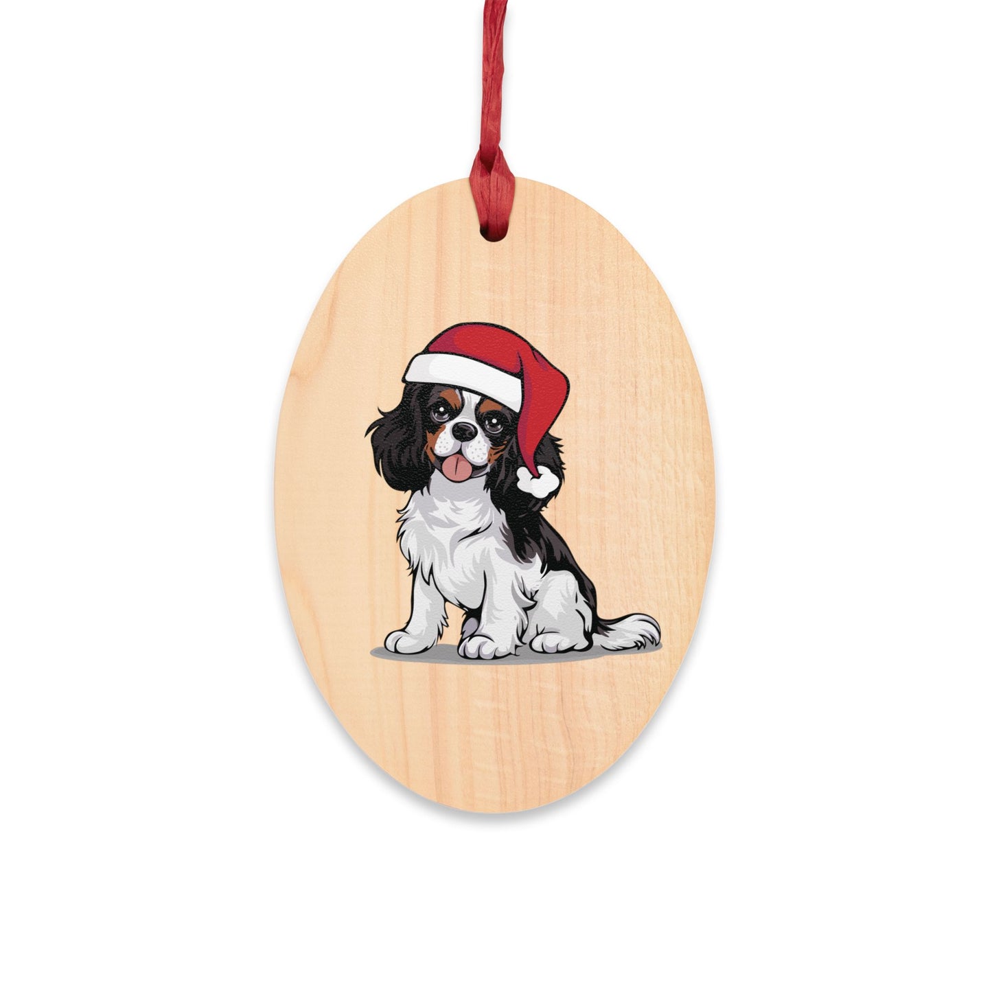 Holiday Cavalier King Charles Spaniel Dog Wooden Christmas Tree Ornaments, Xmas Dogs Santa Hat Oval Or Star Shape Ornament Seasonal Decor