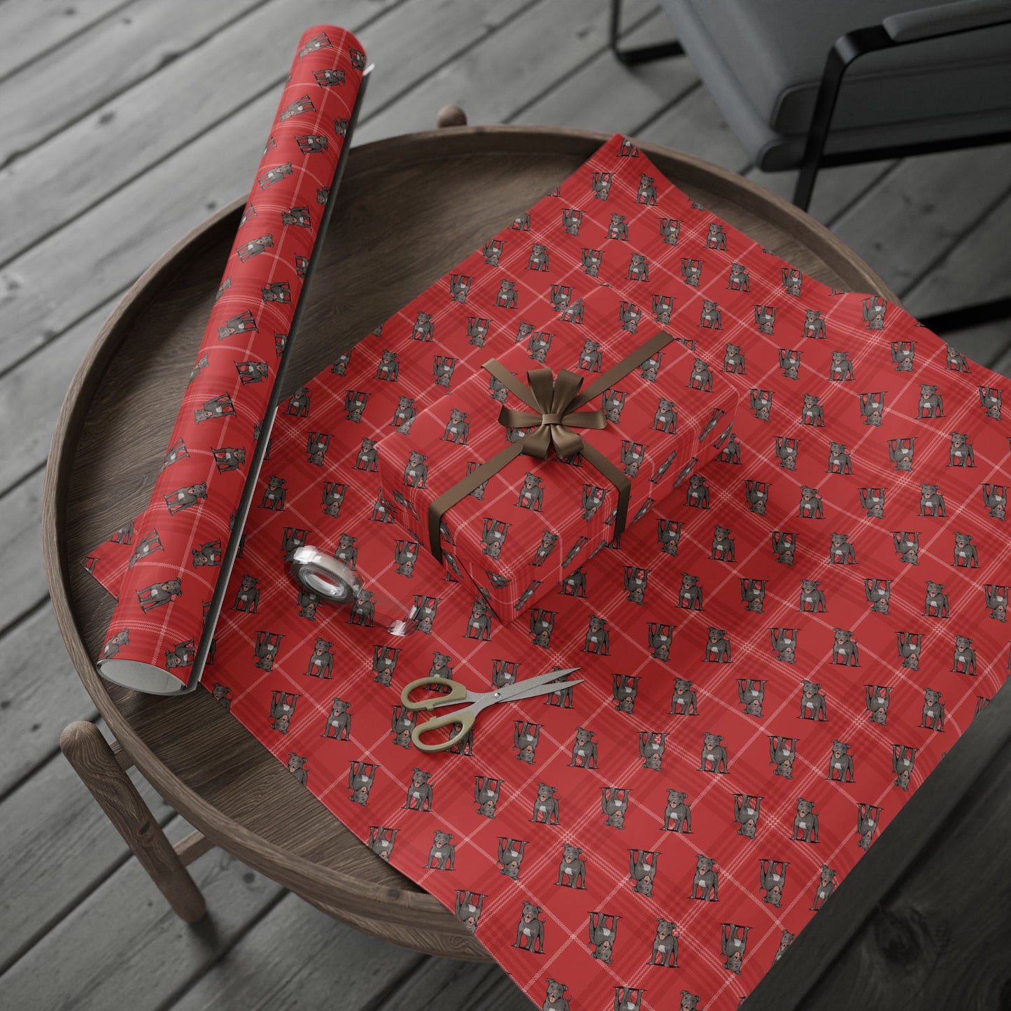 Pit Bull Terrier Dog Wrapping Paper, Red Plaid Dogs Print Gift Wrap Roll, Pitbulls Christmas Holiday Birthday Matte Wrapping Papers