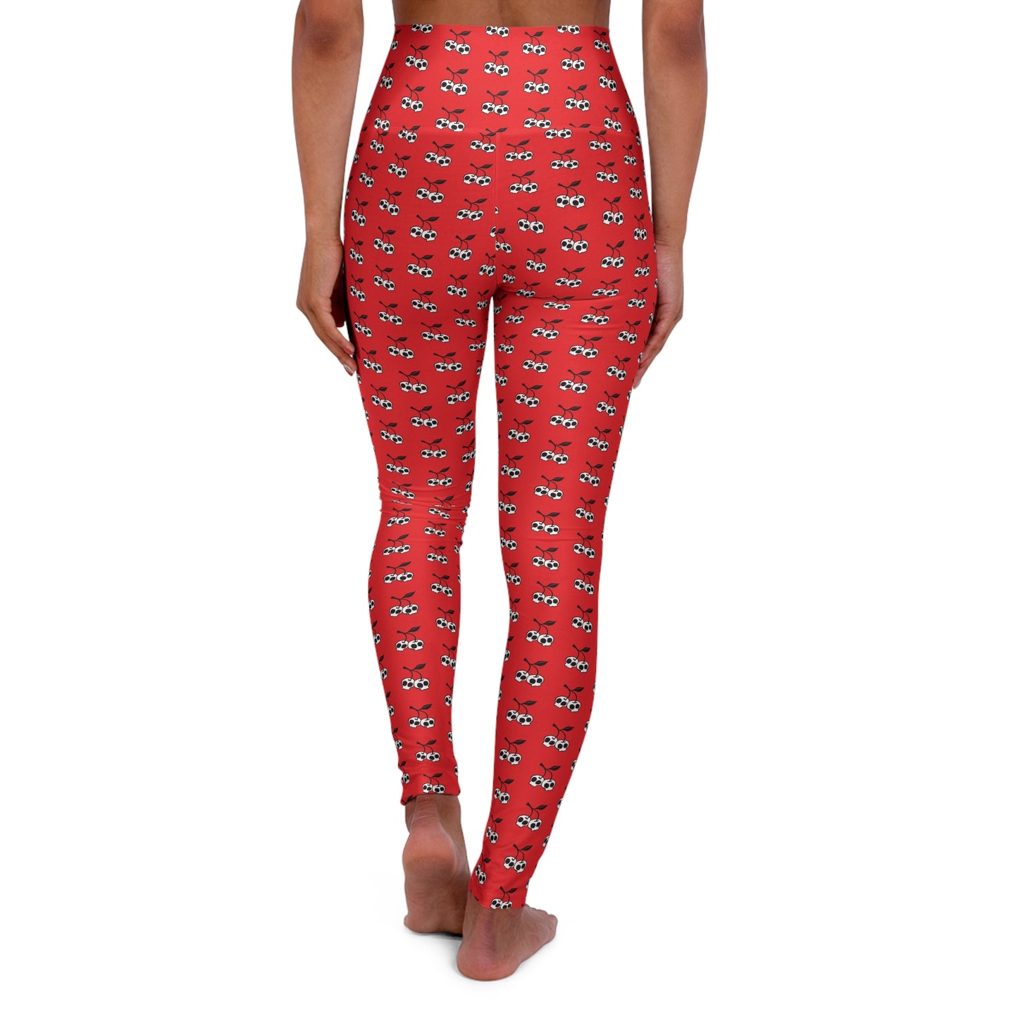 Red Cherry Skulls High Waisted Yoga Leggings - Rockabilly Gothic Skull Cherries Pattern Women's Activewear Pants