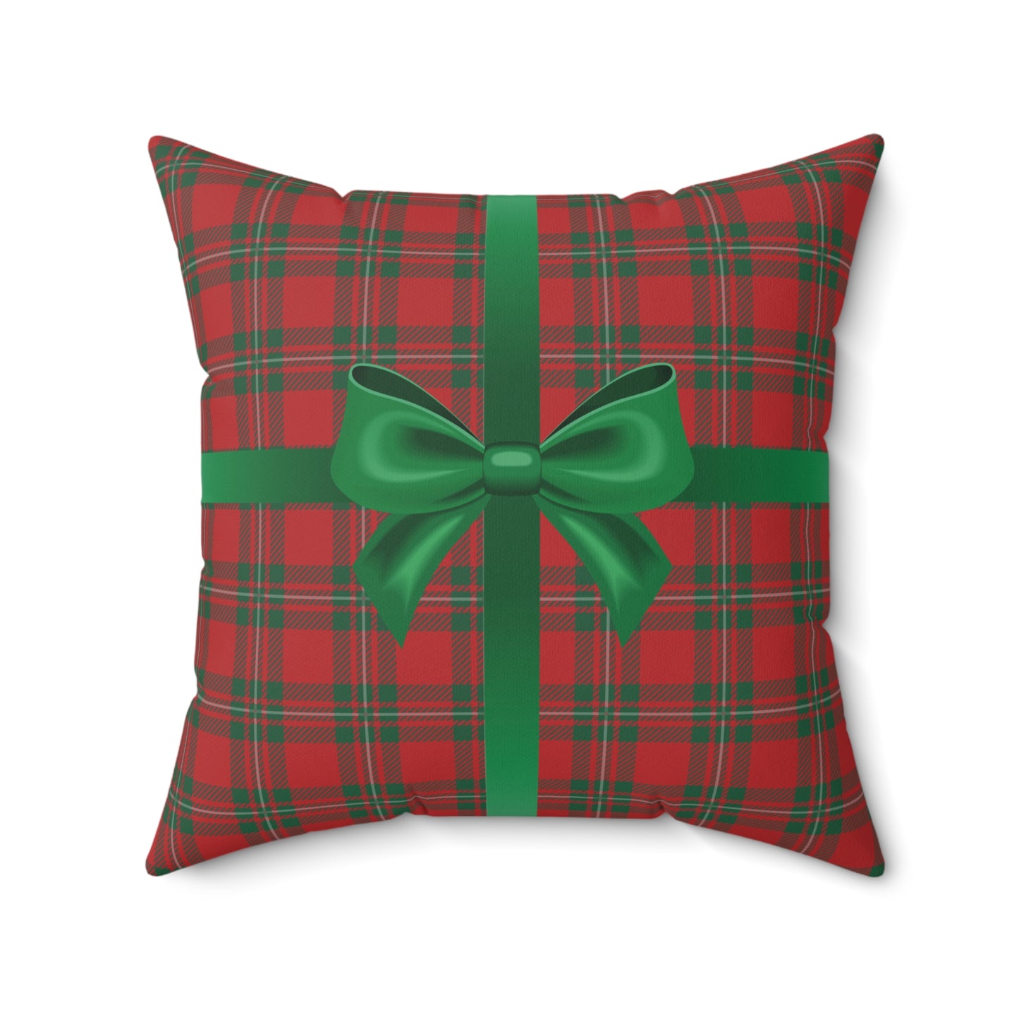 Holiday Gift Throw Pillow, Green Bow on Red Plaid Wrapped Present Pillows, Christmas Home Decor Xmas Decorations, Square Cushion and Cover