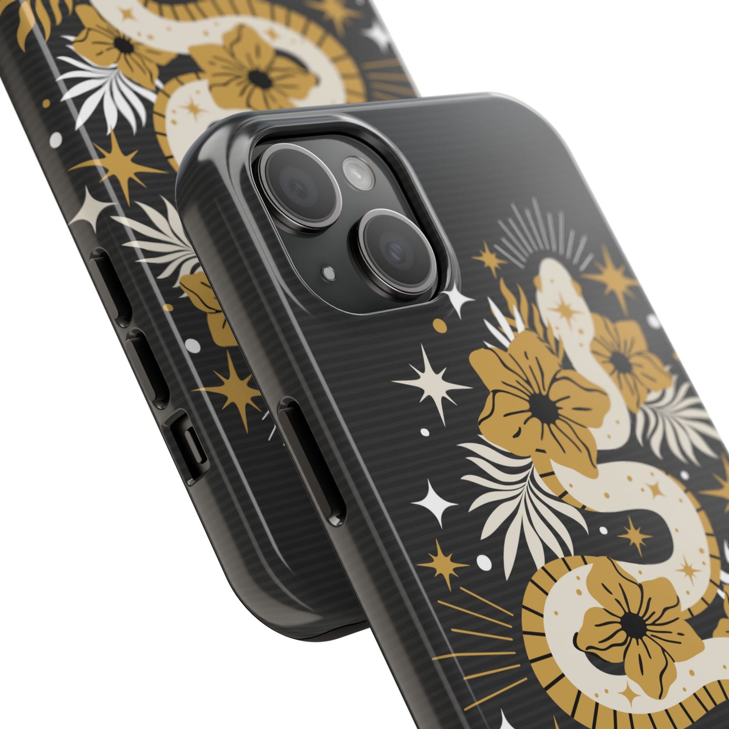 Mystic Snake Cell Phone Case, Black Tough Cases, Protective Floral Golden Serpent Boho Design