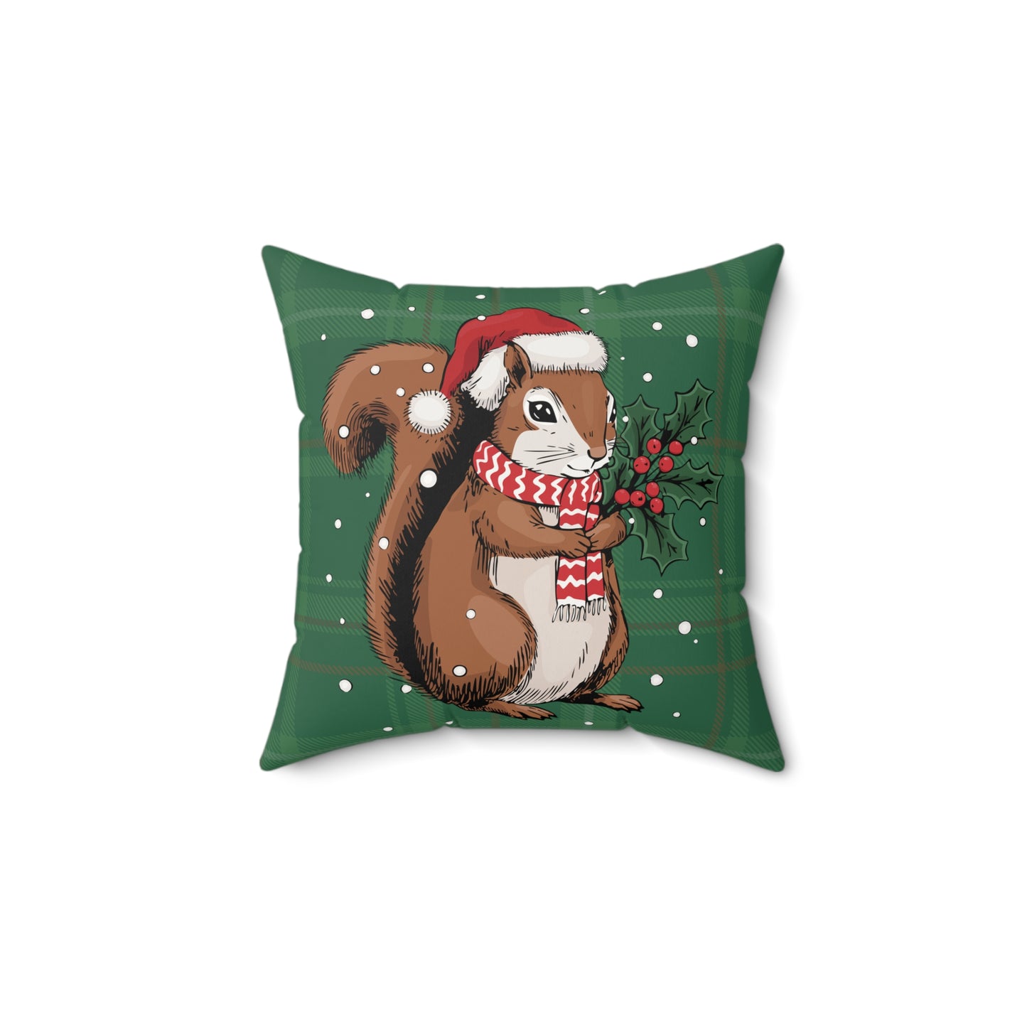 Christmas Squirrel Throw Pillow, Santa Squirrels Holiday Home Decor, Faux Suede Green Plaid Cushion Pillows, Xmas Decorations