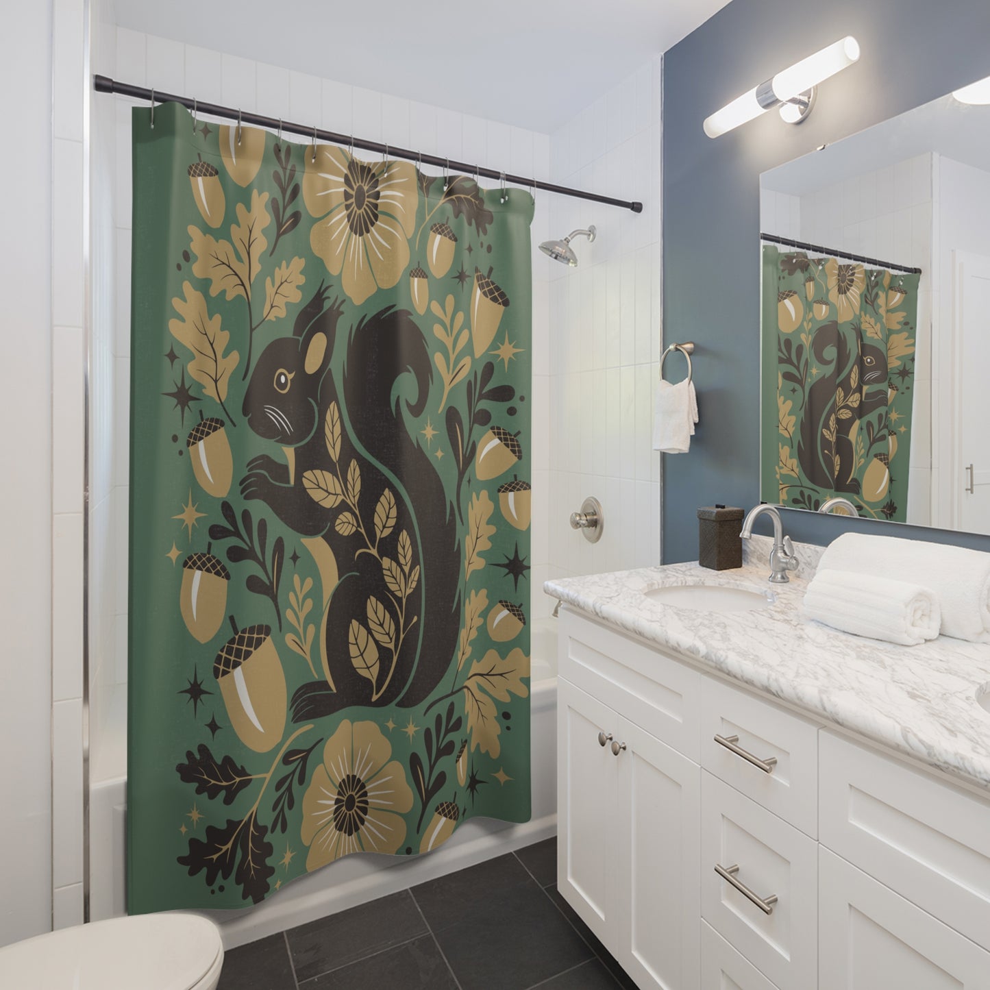 Woodland Squirrel Shower Curtain | Floral Acorn Forest Pattern Squirrels Bathroom Decor, Green Flower Shower Curtains