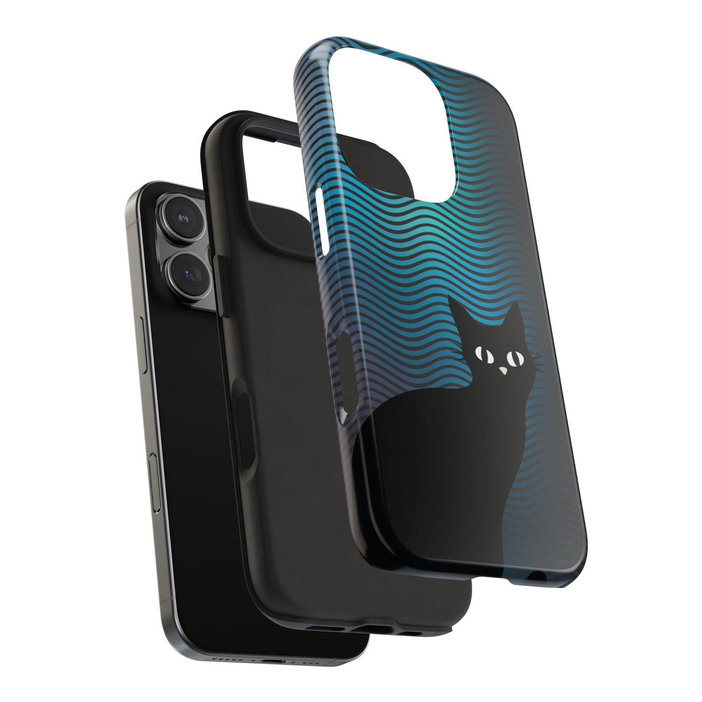 Black Cat Cell Phone Case | Peeking Kitty Graphic on Wavy Teal Background