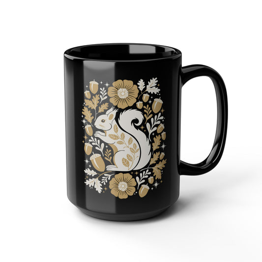 Floral Folk Art Squirrel Mug | 15 Oz Black Ceramic Coffee Cup Woodland Squirrels with Acorns, Leaves, & Flowers, Nature Mugs