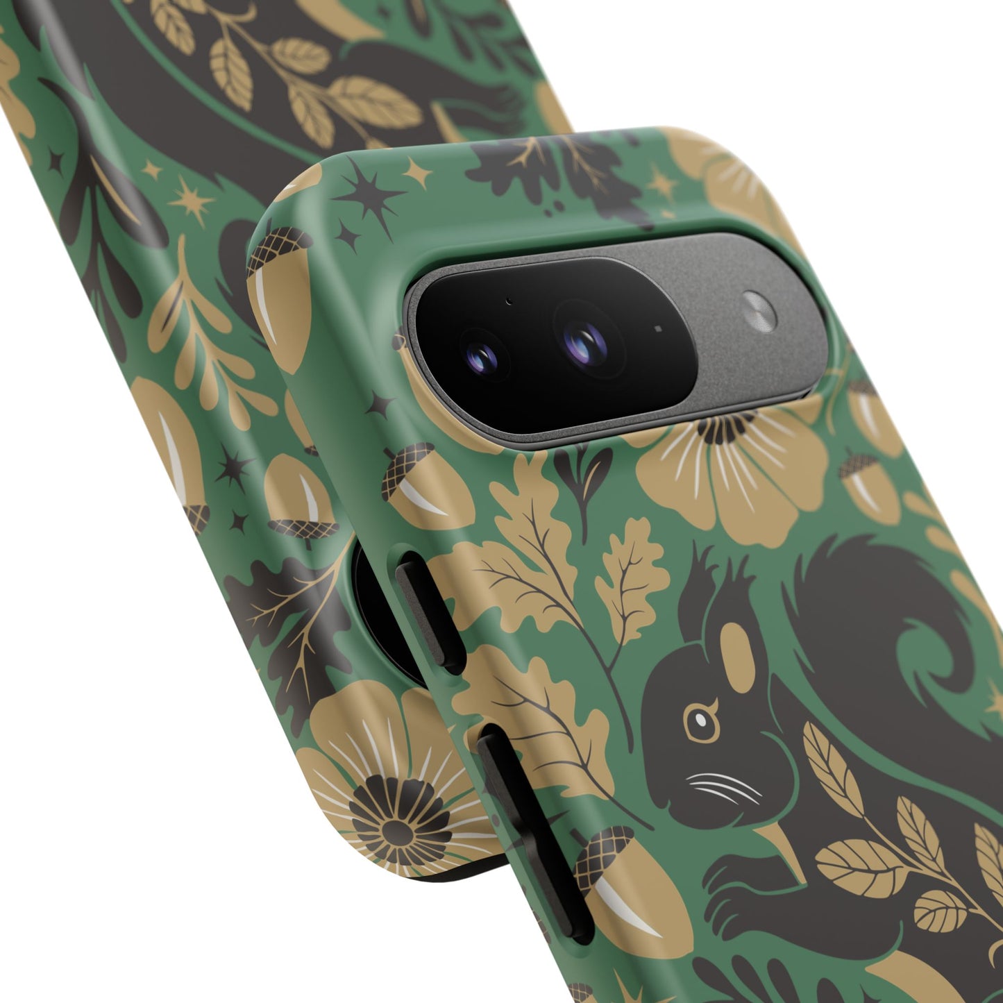 Green Squirrel Floral Pattern Cell Phone Case | Botanical Folk Art Acorn Leaves Design, Iphone Google Pixel Samsung Cases Matte Finish