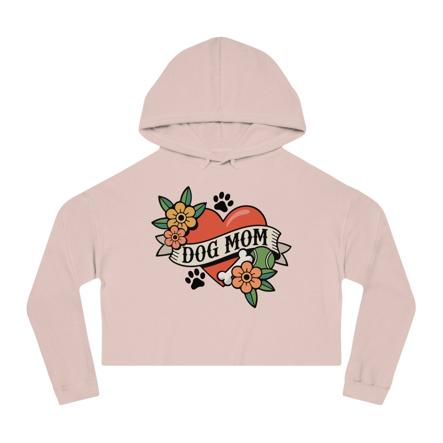 Dog Mom Heart Tattoo Cropped Hoodie, Pullover Sweatshirt Crop Top Long Sleeve, Childless Dog Lady Pet Mama Apparel