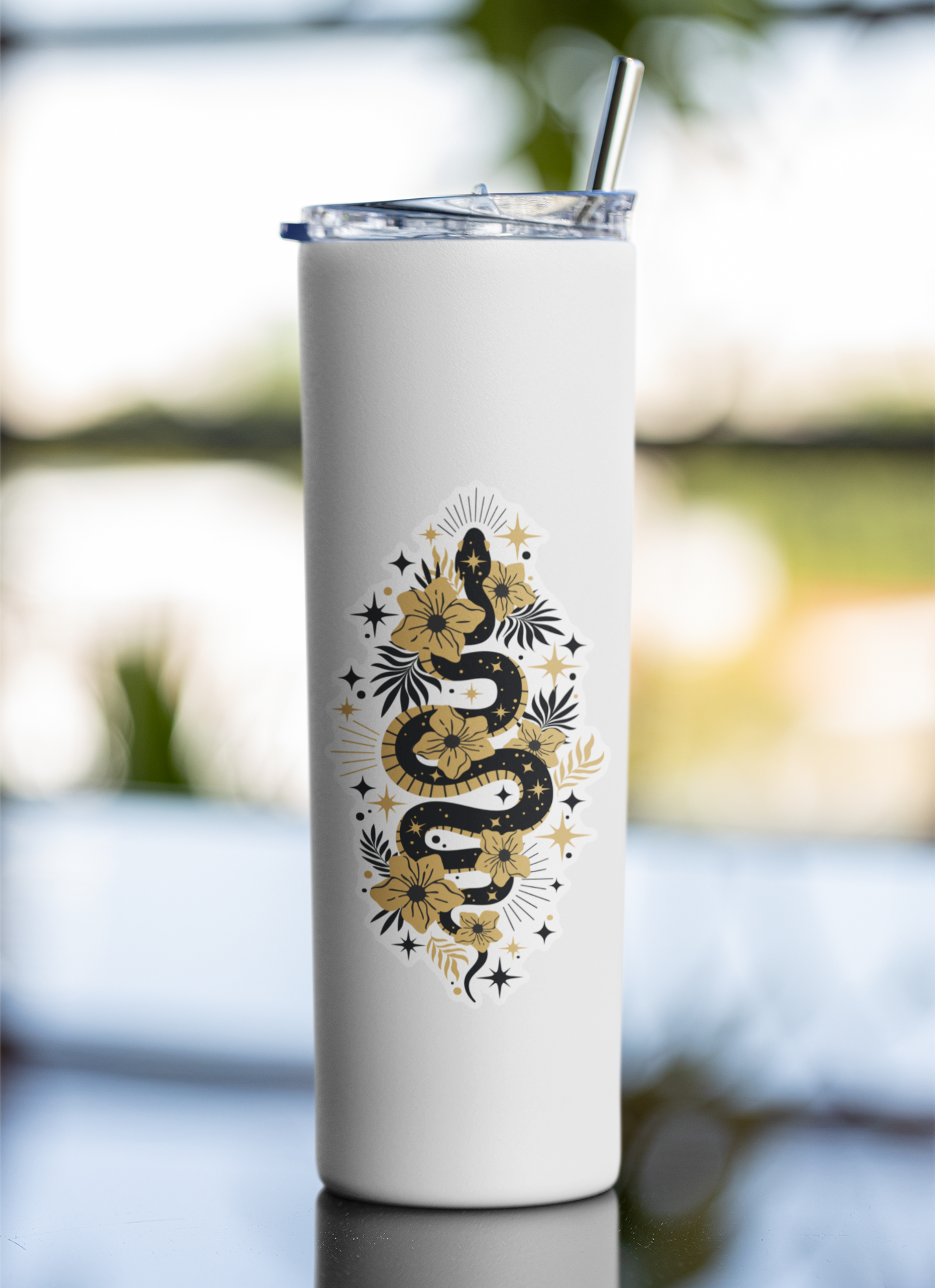4" Mystic Gold Snake Sticker - Waterproof, Fade-Resistant Decal Stickers Boho Snakes Flowers Design