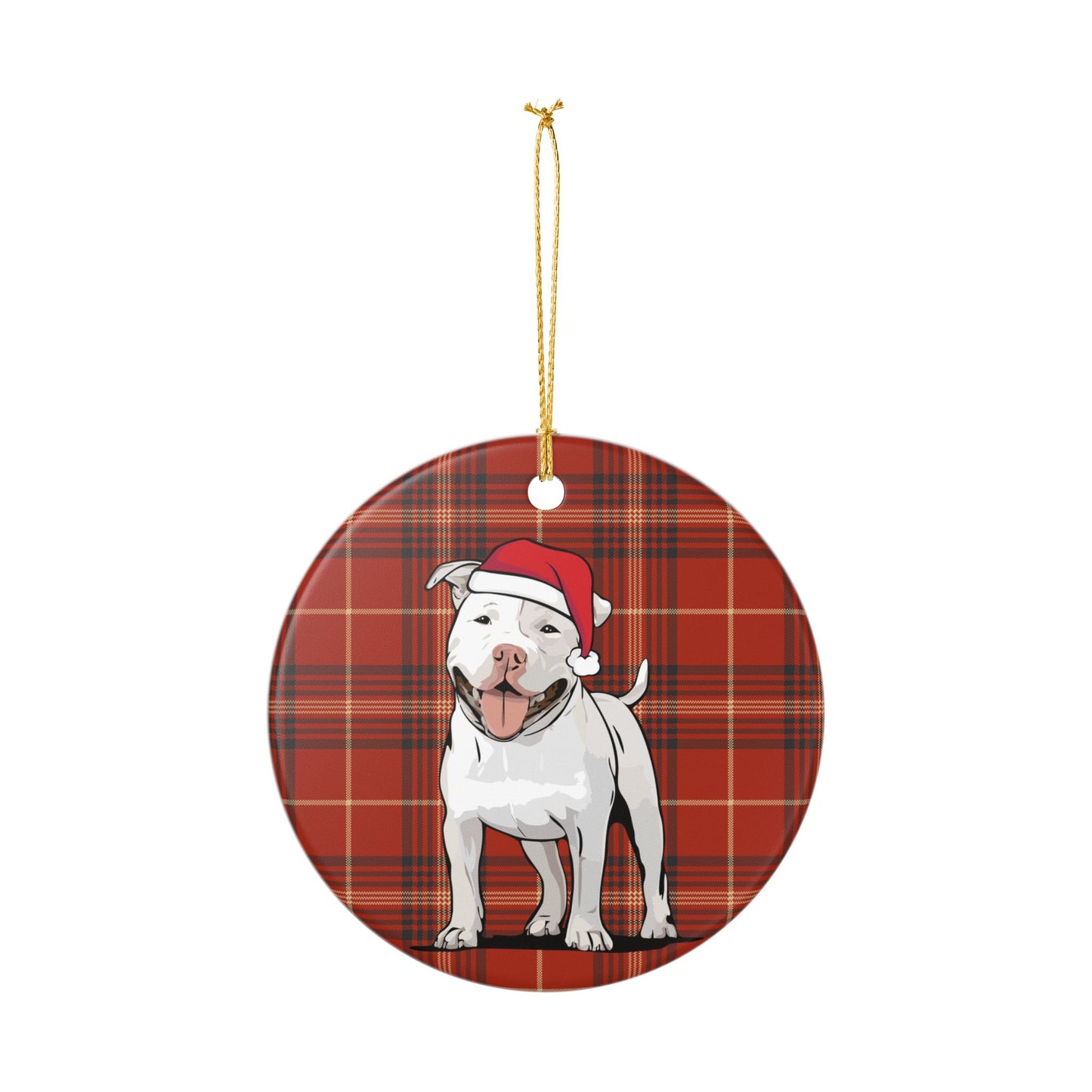 Santa Pit Bull Dog Christmas Tree Ornament, Xmas Pitbull Dogs Holiday Decorations, Pet Lover Gift, Red Plaid Ceramic Ornaments