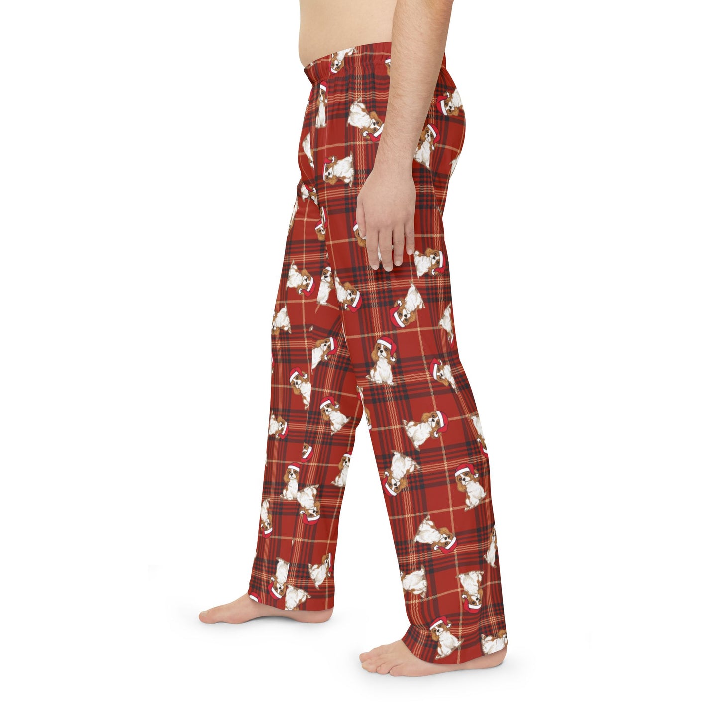 Red Plaid Cavalier King Charles Spaniel Dog Men's Christmas Pajama Pants, Santa Dogs PJ Bottoms, Winter Loungewear, Holiday Sleepwear