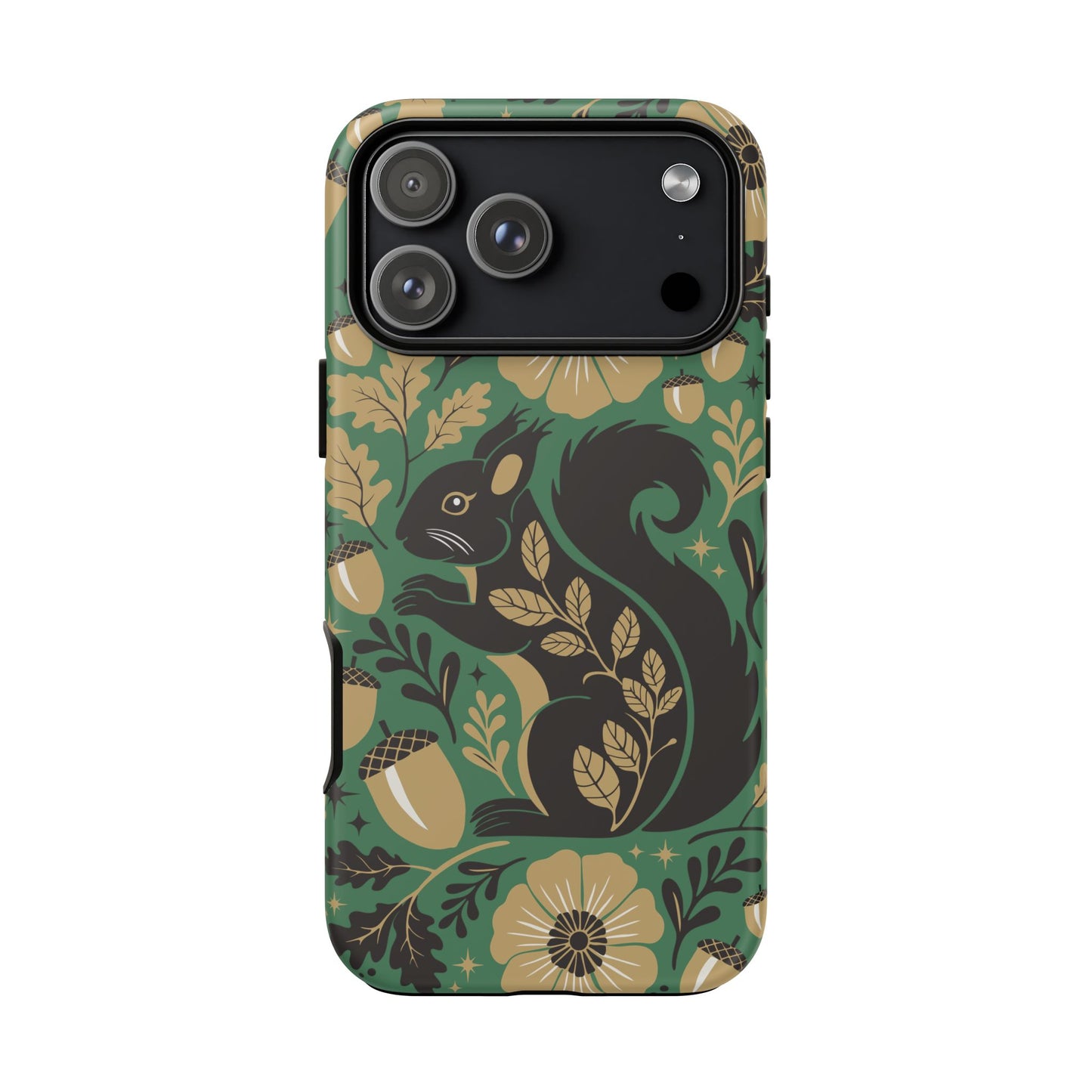 Green Squirrel Floral Pattern Cell Phone Case | Botanical Folk Art Acorn Leaves Design, Iphone Google Pixel Samsung Cases Matte Finish