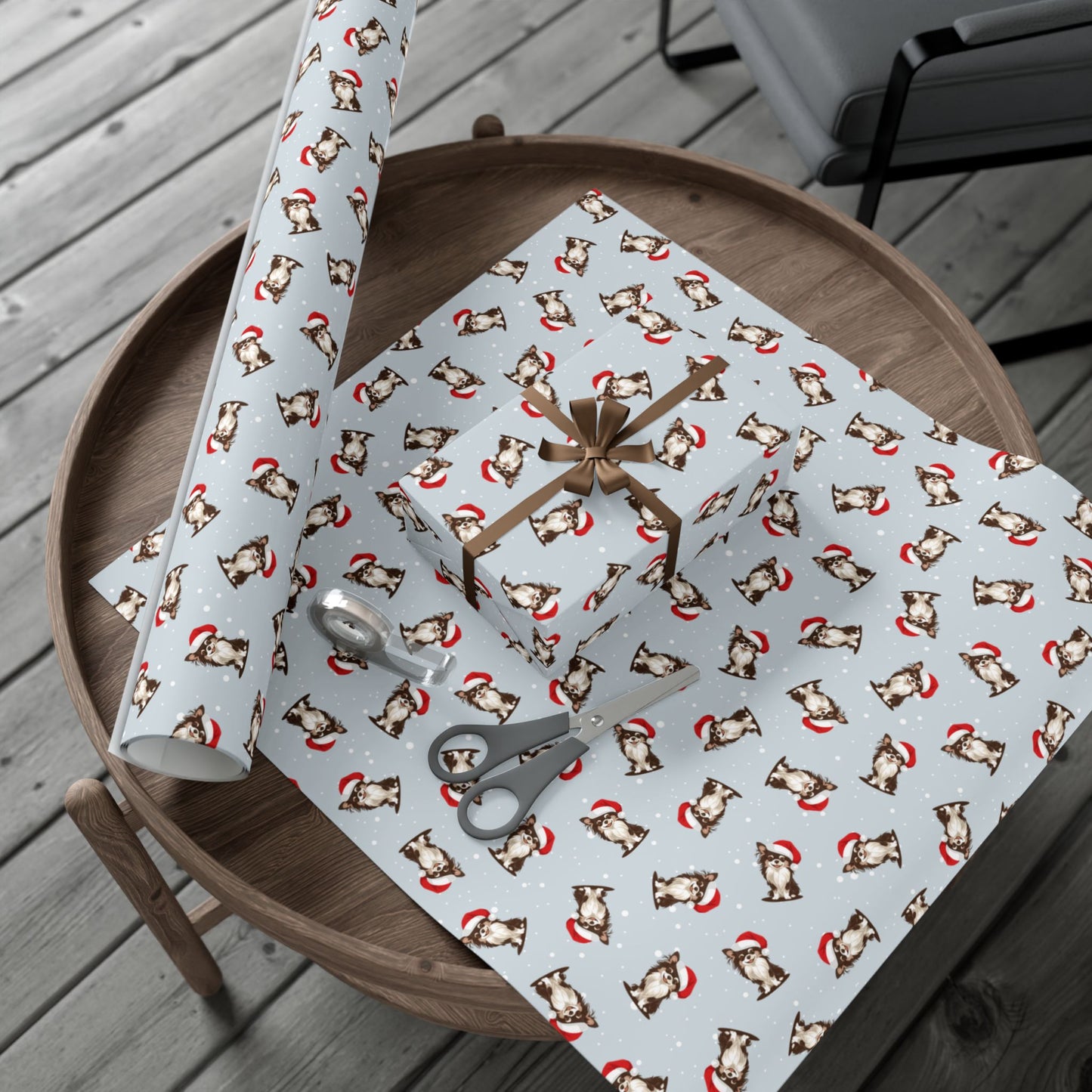 Long Haired Chihuahua Dog Christmas Wrapping Paper, Dogs Print, Cheery Holiday Gift Wrap With Snowy Xmas Puppy In Santa Hat