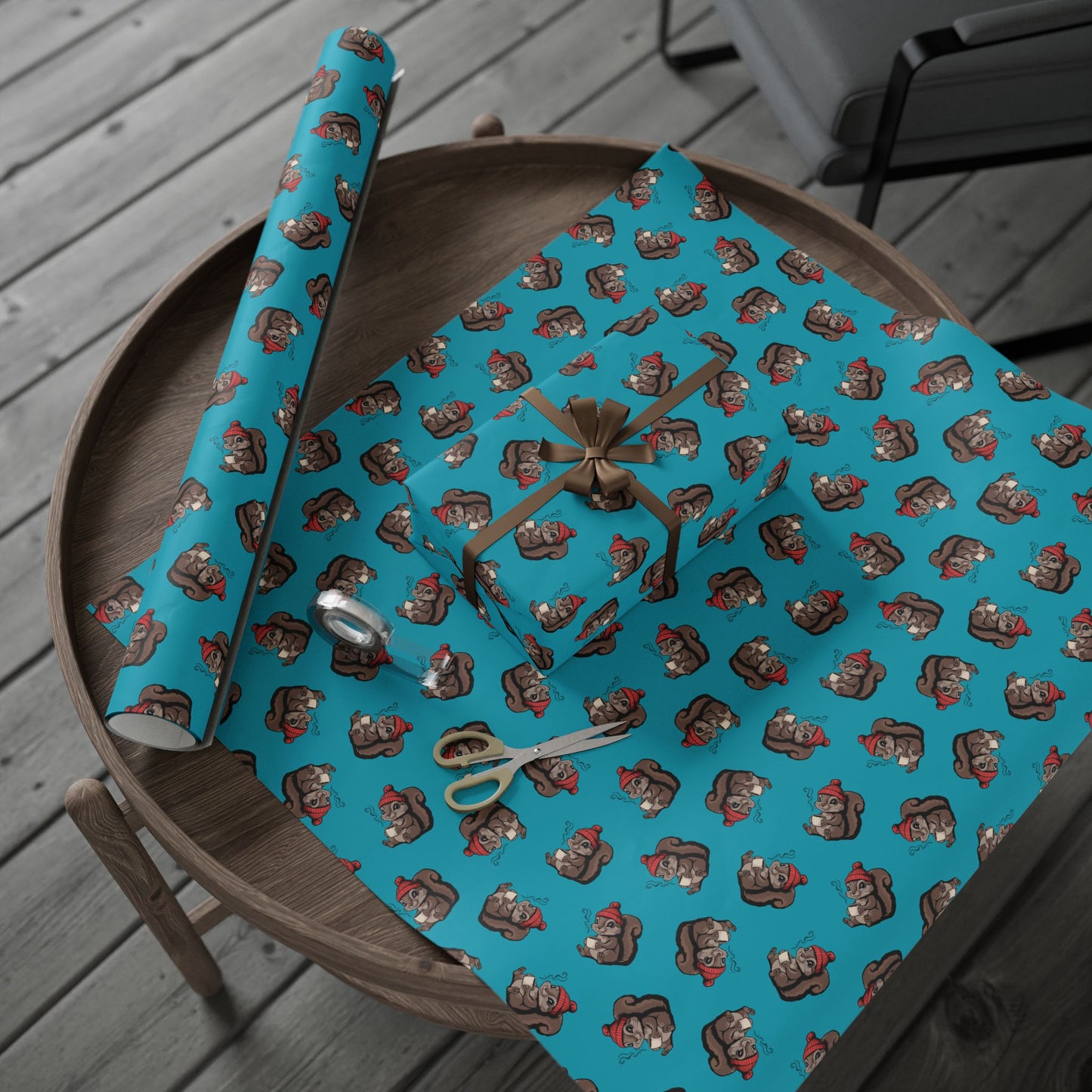 Cozy Squirrel Wrapping Paper, Fall Autumn Squirrels Print, Teal Turquoise Gift Wrap, Cute Animal Coffee Mug Pattern