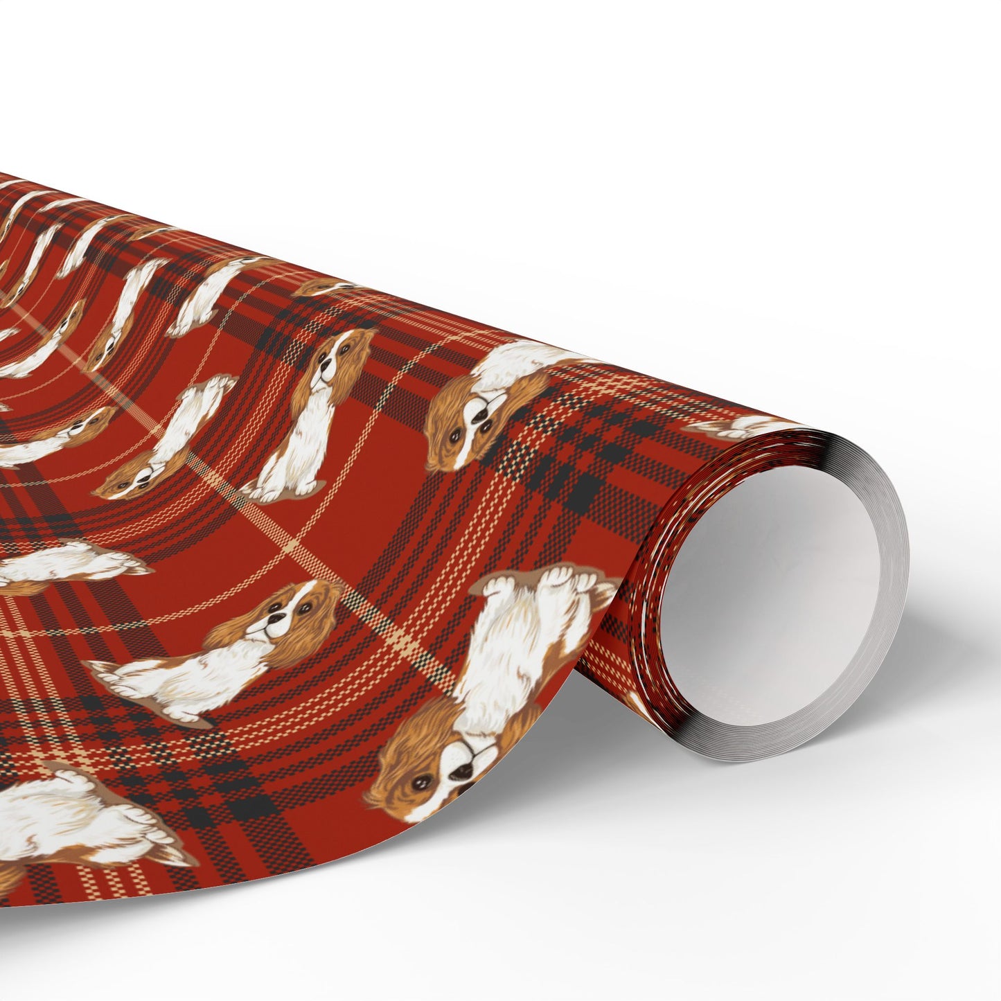 Cavalier King Charles Spaniel Dog Wrapping Paper, Red Plaid Dogs Print Gift Wrap Roll, Christmas Holiday Birthday Matte Wrapping Papers