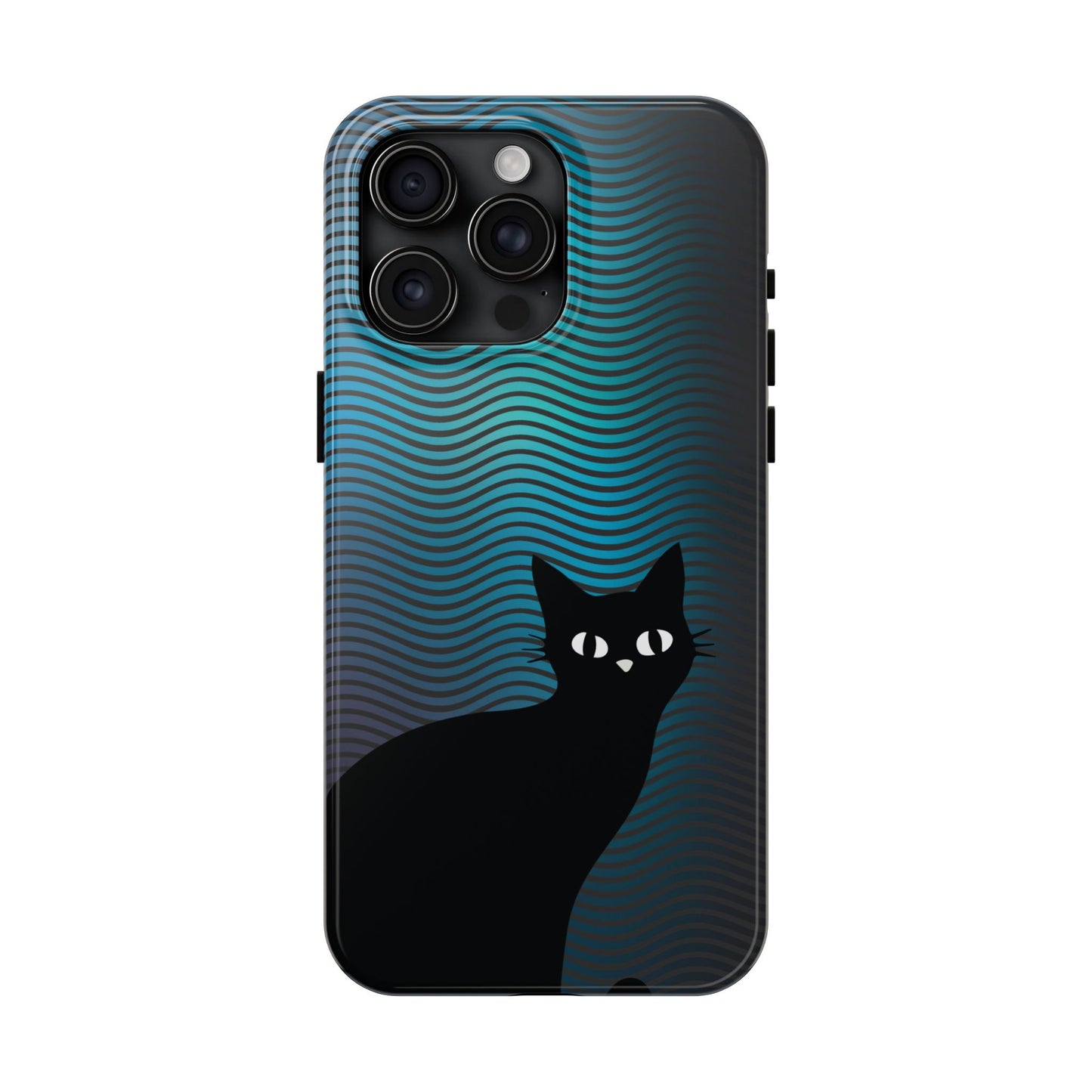 Black Cat Cell Phone Case | Peeking Kitty Graphic on Wavy Teal Background