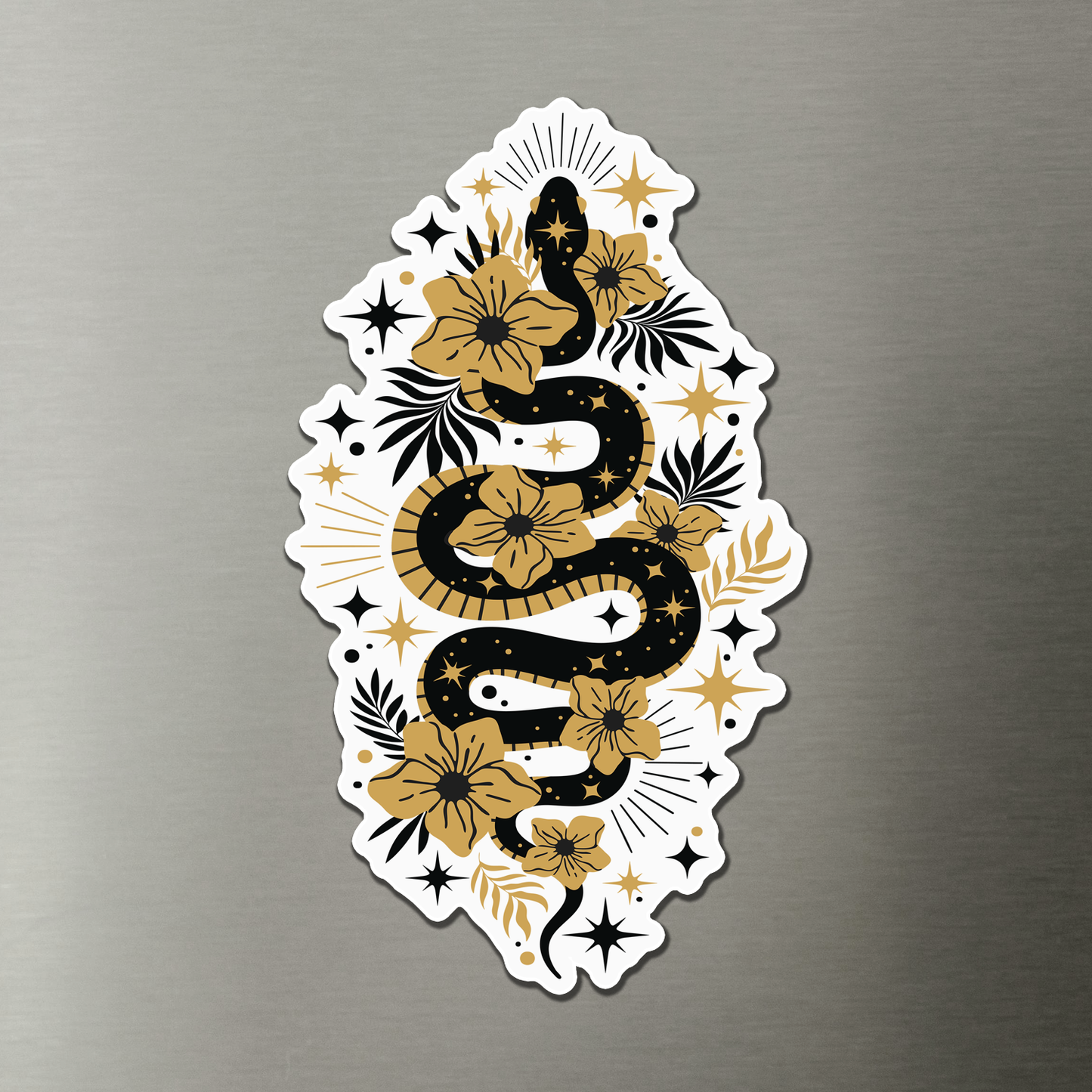 Mystic Black & Gold Snake Magnet - 4" Serpent Vinyl Fridge Car Magnets Indoor Outdoor, Boho Snakes Flowers Floral