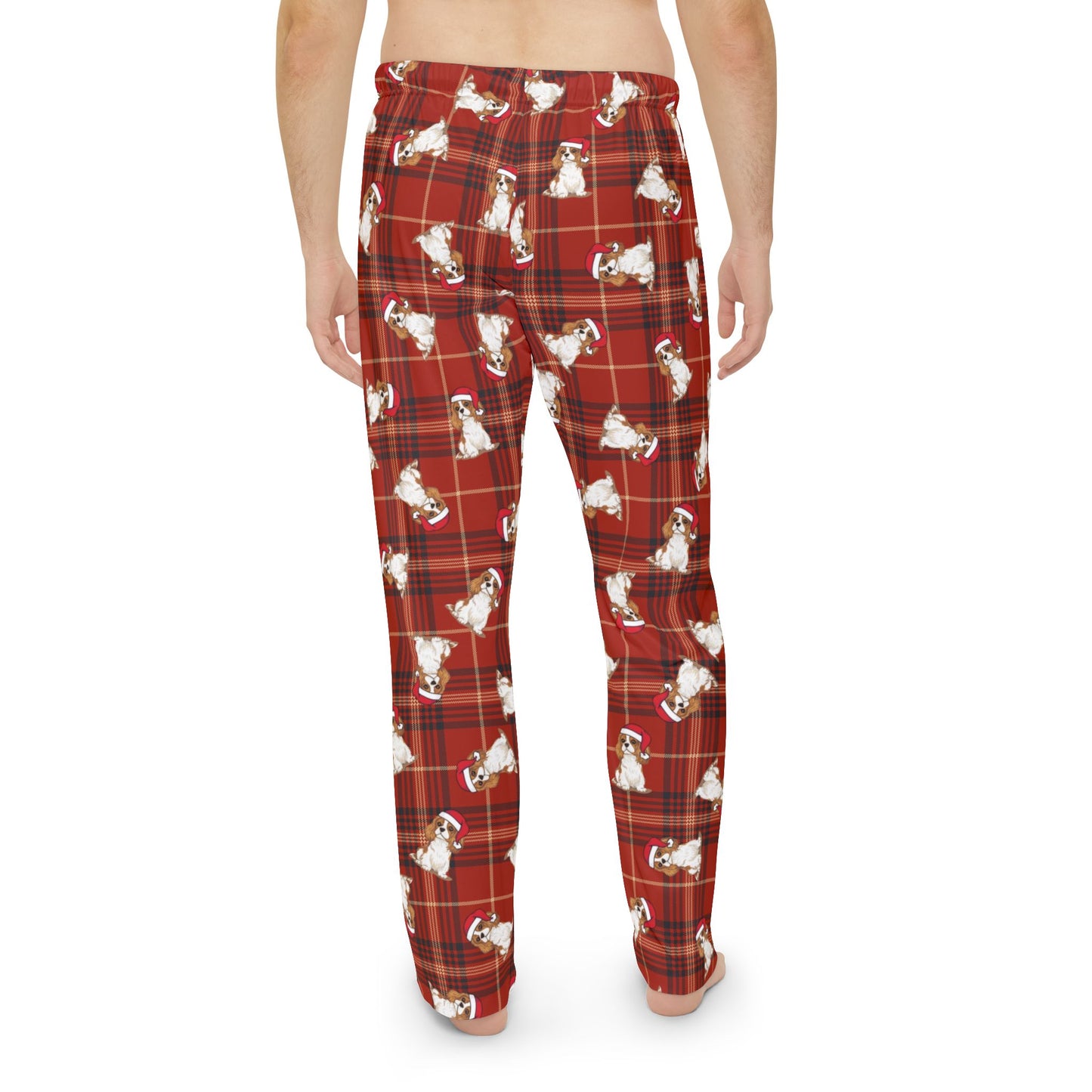 Red Plaid Cavalier King Charles Spaniel Dog Men's Christmas Pajama Pants, Santa Dogs PJ Bottoms, Winter Loungewear, Holiday Sleepwear