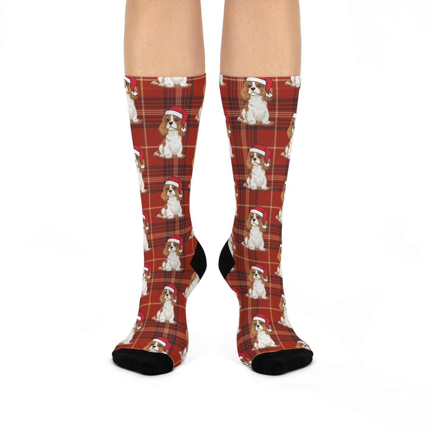 Christmas Cavalier King Charles Spaniel Dog Crew Socks, Red Plaid Santa Dogs Novelty Footwear Pet Owner Gifts