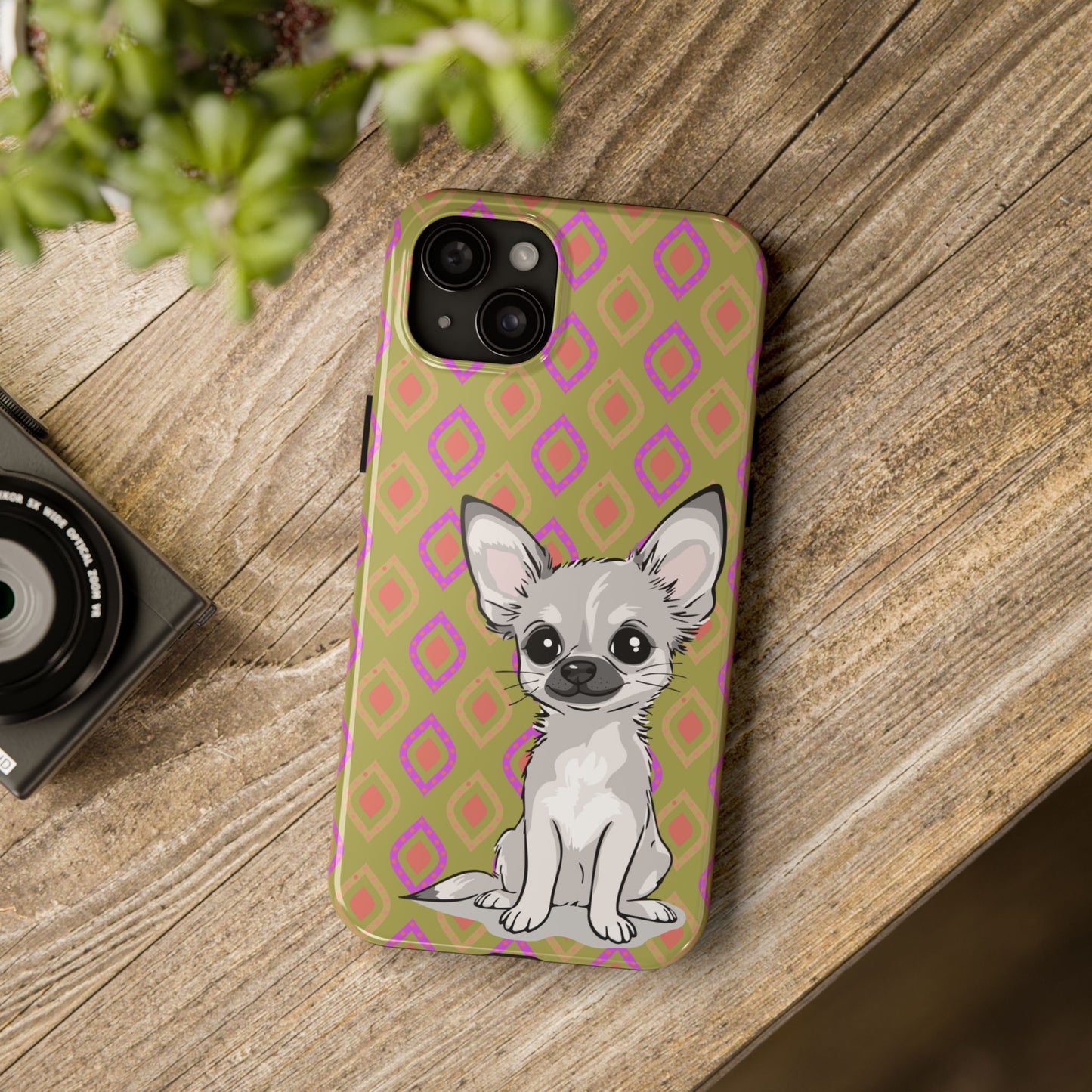White Chihuahua Puppy Dog Phone Case, Tough Phone Cases Pet Dogs Retro Green  Pattern