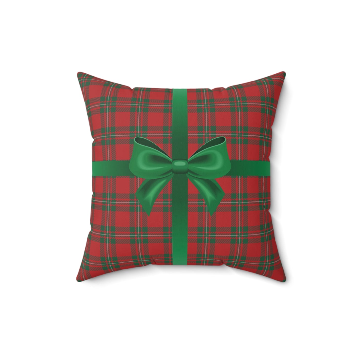 Holiday Gift Throw Pillow, Green Bow on Red Plaid Wrapped Present Pillows, Christmas Home Decor Xmas Decorations, Square Cushion and Cover