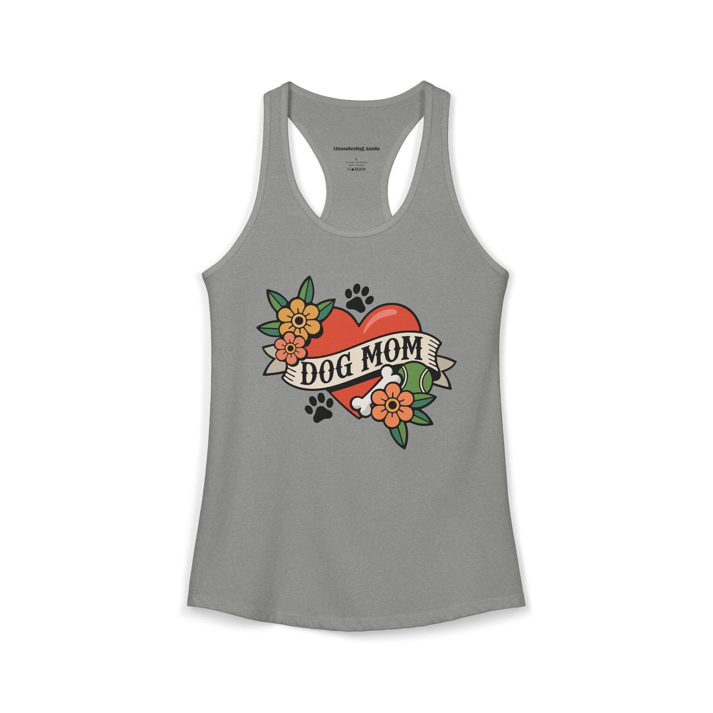 Dog Mom Heart Tattoo Racerback Tank Top, Womens Vintage Tattoos Dogs Paw Prints Artwork, Childless Dog Lady Sleeveless Shirt