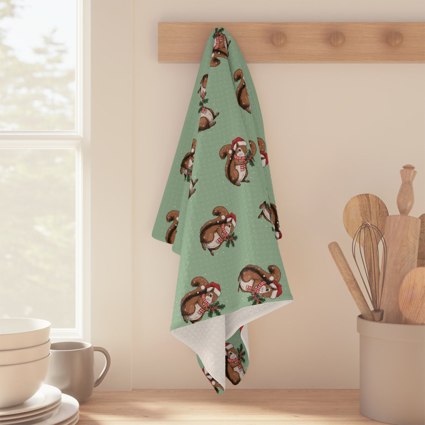 Christmas Squirrels Kitchen Hand Towel Microfiber Sage Green Holiday Tea Towel with Snowy Squirrel in Santa Hat Pattern