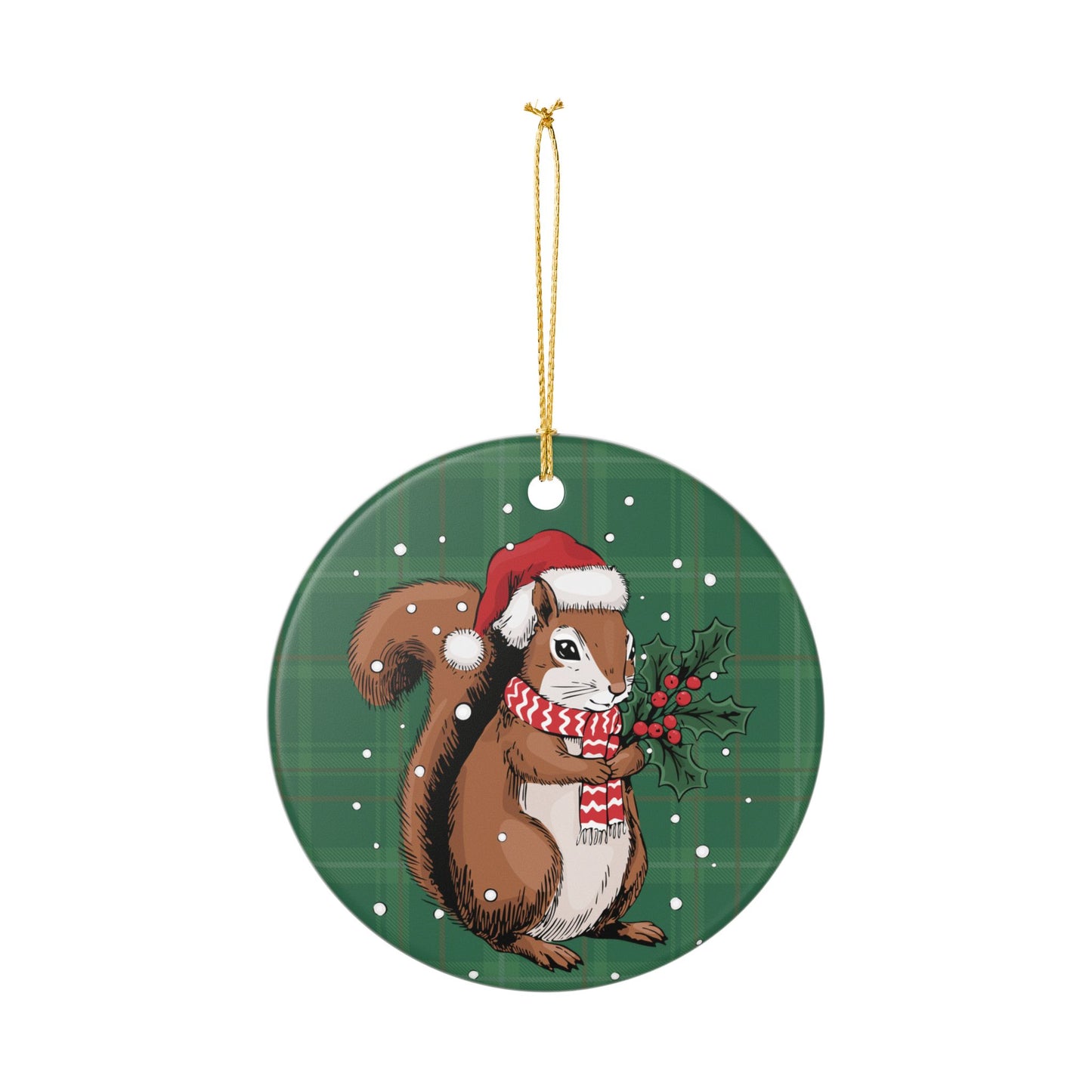 Santa Squirrel Christmas Tree Ornament, Xmas Squirrels Holiday Decorations, Green Plaid Ceramic Ornaments, Woodland Animals Theme Decor