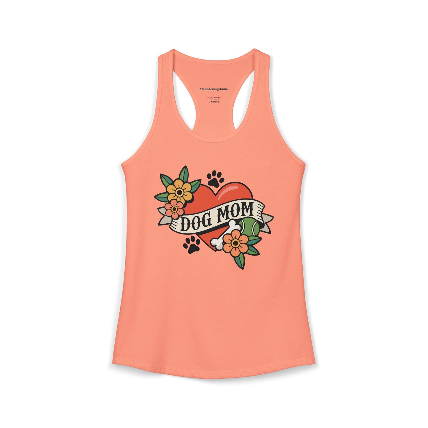 Dog Mom Heart Tattoo Racerback Tank Top, Womens Vintage Tattoos Dogs Paw Prints Artwork, Childless Dog Lady Sleeveless Shirt