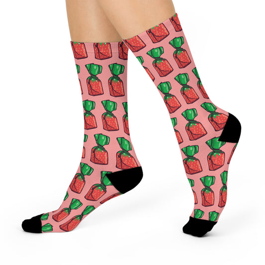 Crew Socks, Pink Strawberry Hard Candies Pattern, Fun Nostalgic Novelty Footwear, Retro Strawberries Candy Socks, Unisex One Size