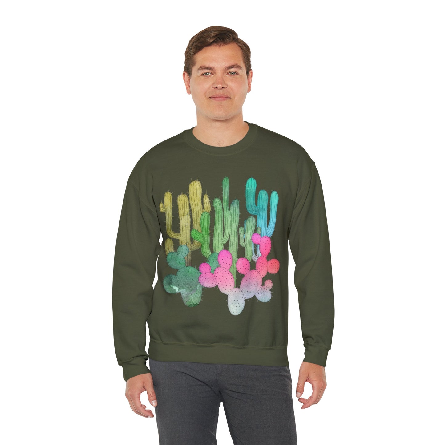 Cactus Garden Arizona Desert Crewneck Pullover Sweatshirt Colorful Saguaro Cactus Print