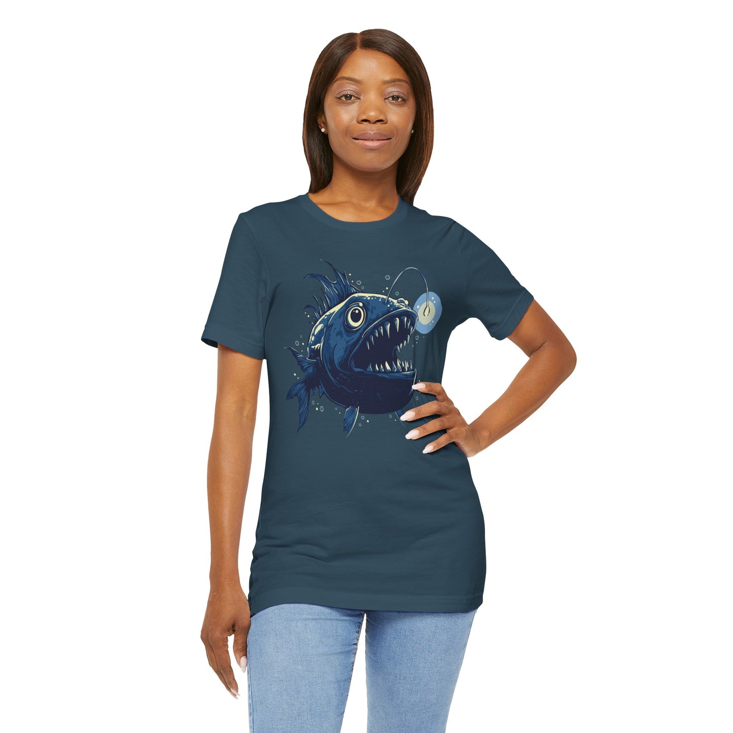 Deep Sea Anglerfish T-shirt, Ocean Life Angler Fish Bioluminescent Lure Tee - Short Sleeve Cotton Tees Mens Womens Unisex
