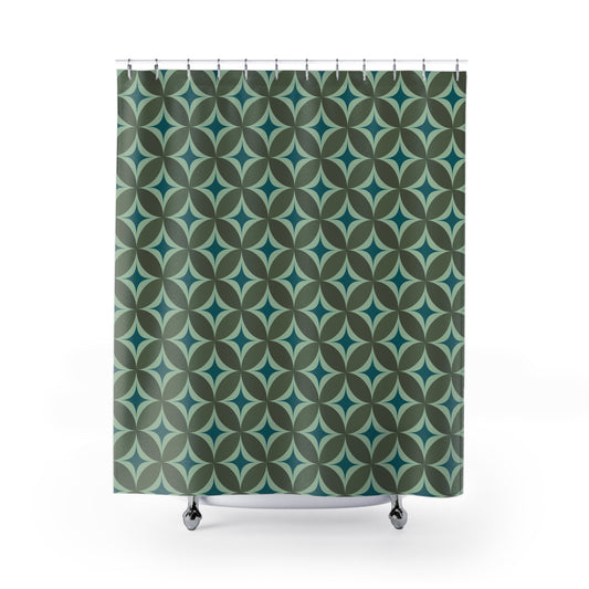 Blue & Green Retro Geometric Pattern  Shower Curtain - Vintage 70s Print Shower Curtains Bathroom Decor