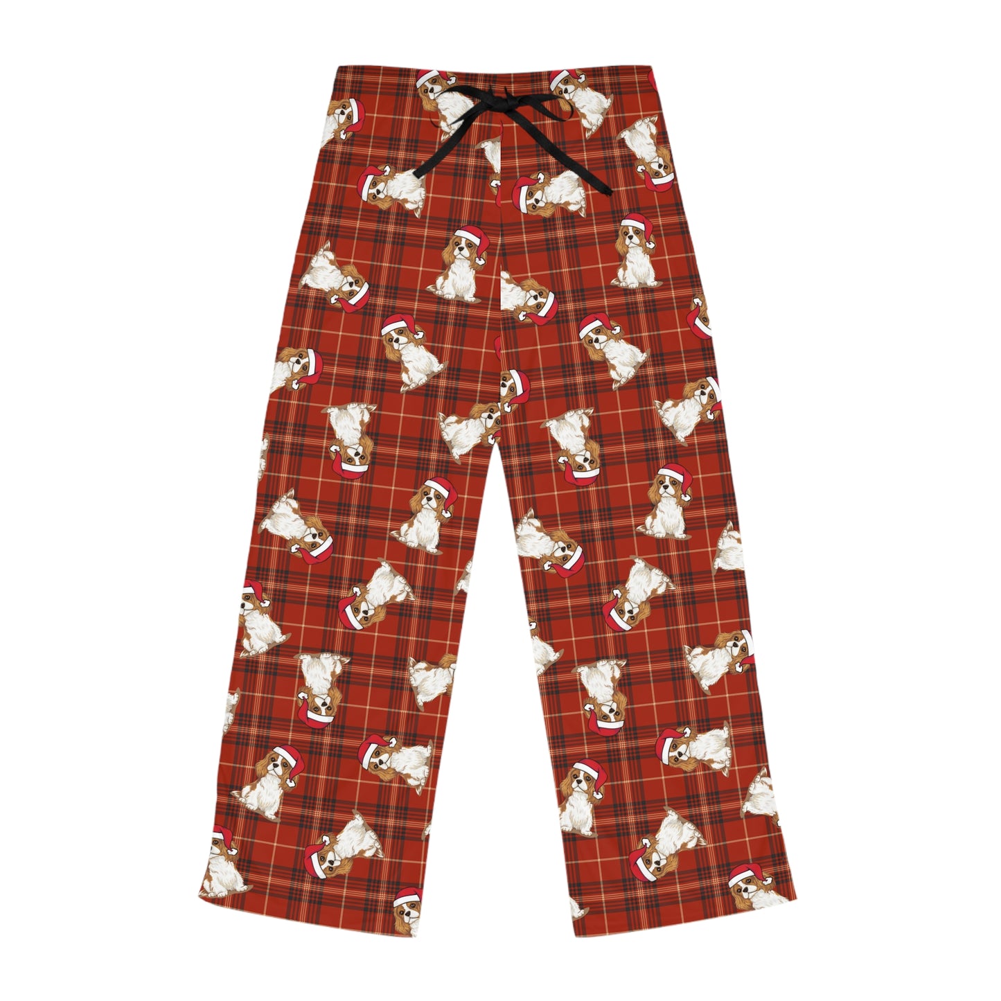 Red Plaid Cavalier King Charles Spaniel Dog  Women's Christmas Pajama Pants, Santa Dogs PJ Bottoms, Winter Loungewear, Holiday Sleepwear