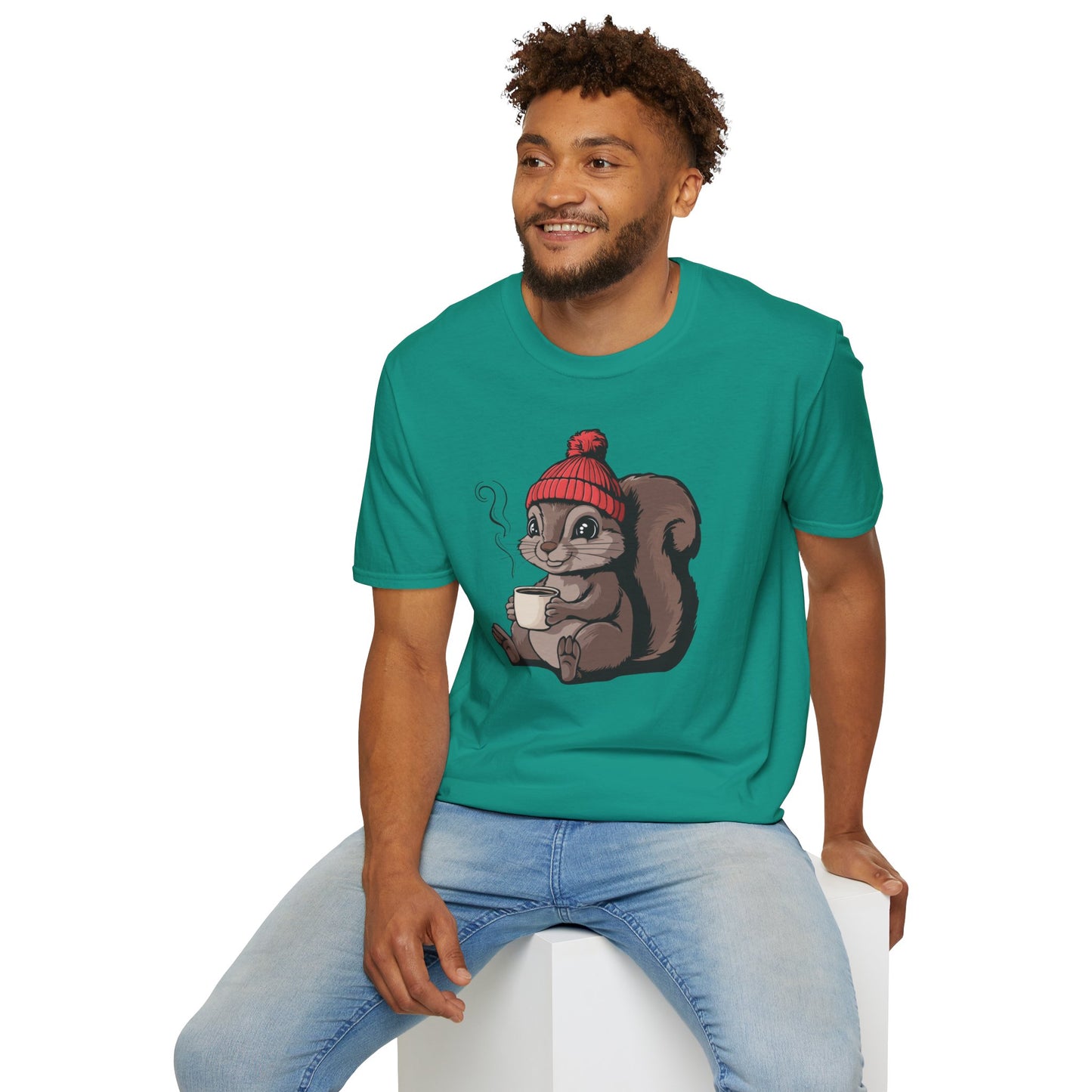 Cozy Squirrel Soft T-shirt Softstyle Tee with Squirrel in Beanie with Cup Of Coffee Graphic Print