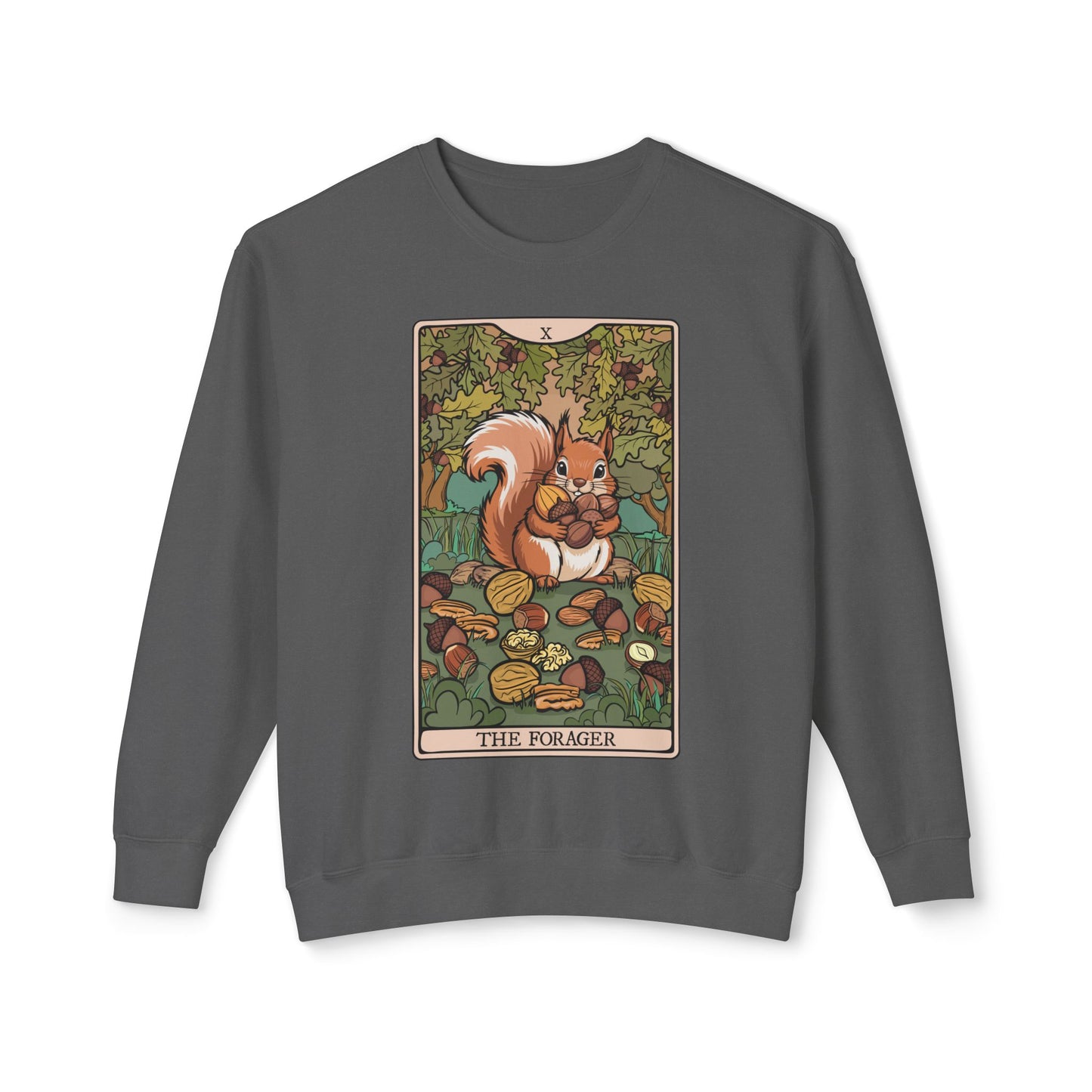 The Forager Squirrel Crewneck Sweatshirt | Autumn Woodland Tarot Card Squirrels and Nuts Illustration, Fall Lightweight Sweatshirts