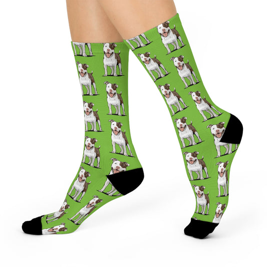 Pitbull Dog Green Cushioned Crew Socks, Cute Pit Bull Terrier Dogs Pet Pattern Novelty Socks, Mens Womens Unisex Socks One Size
